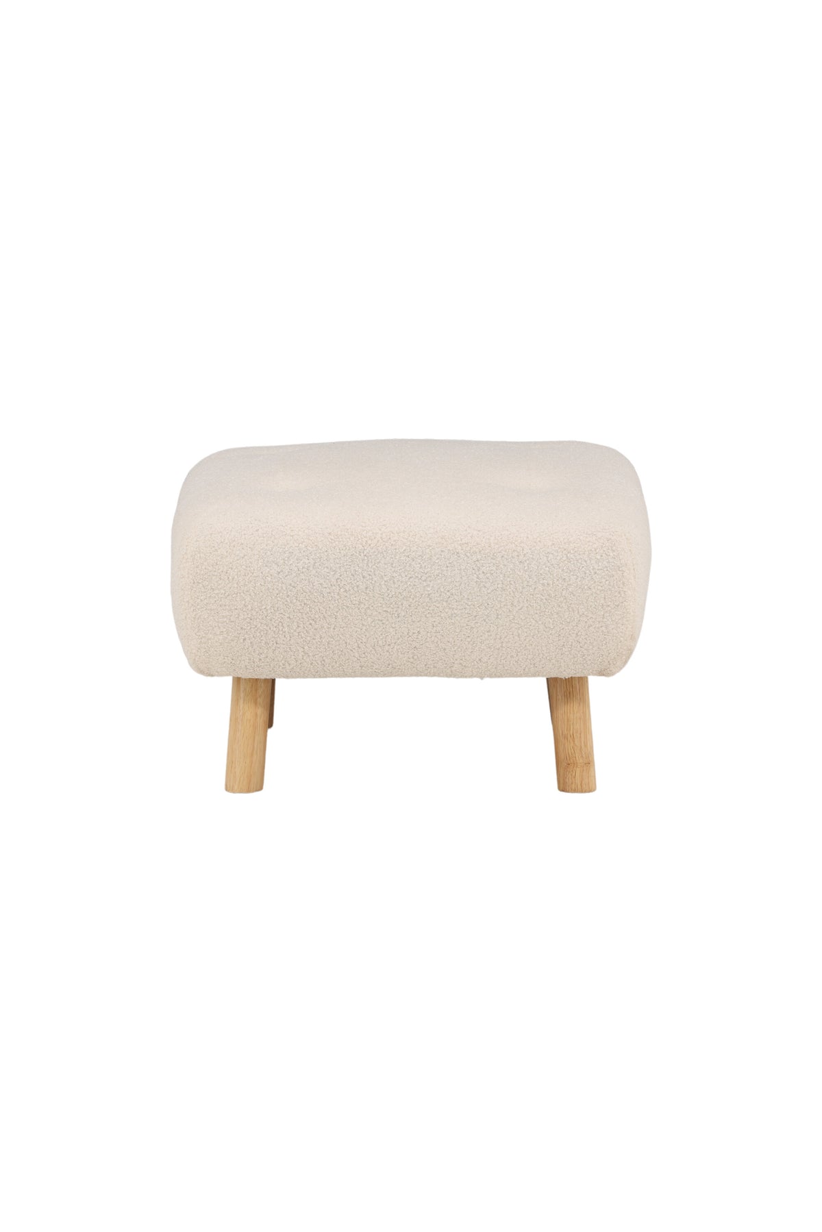 Pouf Salina von Venture Home in Weiss, runde Form mit Teddy-Stoffbezug und niedrigen Beinen aus Gummibaumholz.