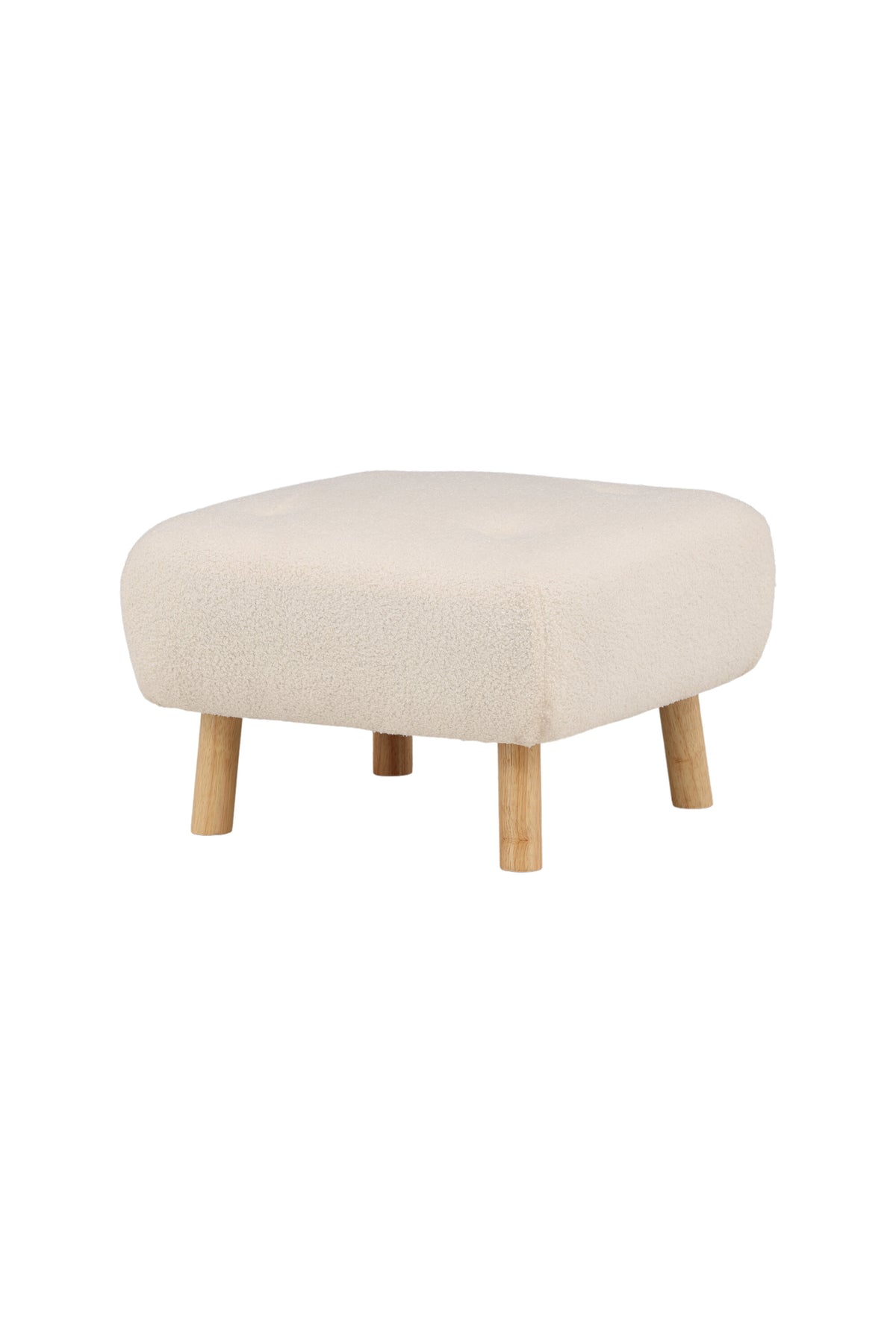 Pouf Salina von Venture Home in Weiss, runde Form mit Teddy-Stoffbezug und niedrigen Beinen aus Gummibaumholz.