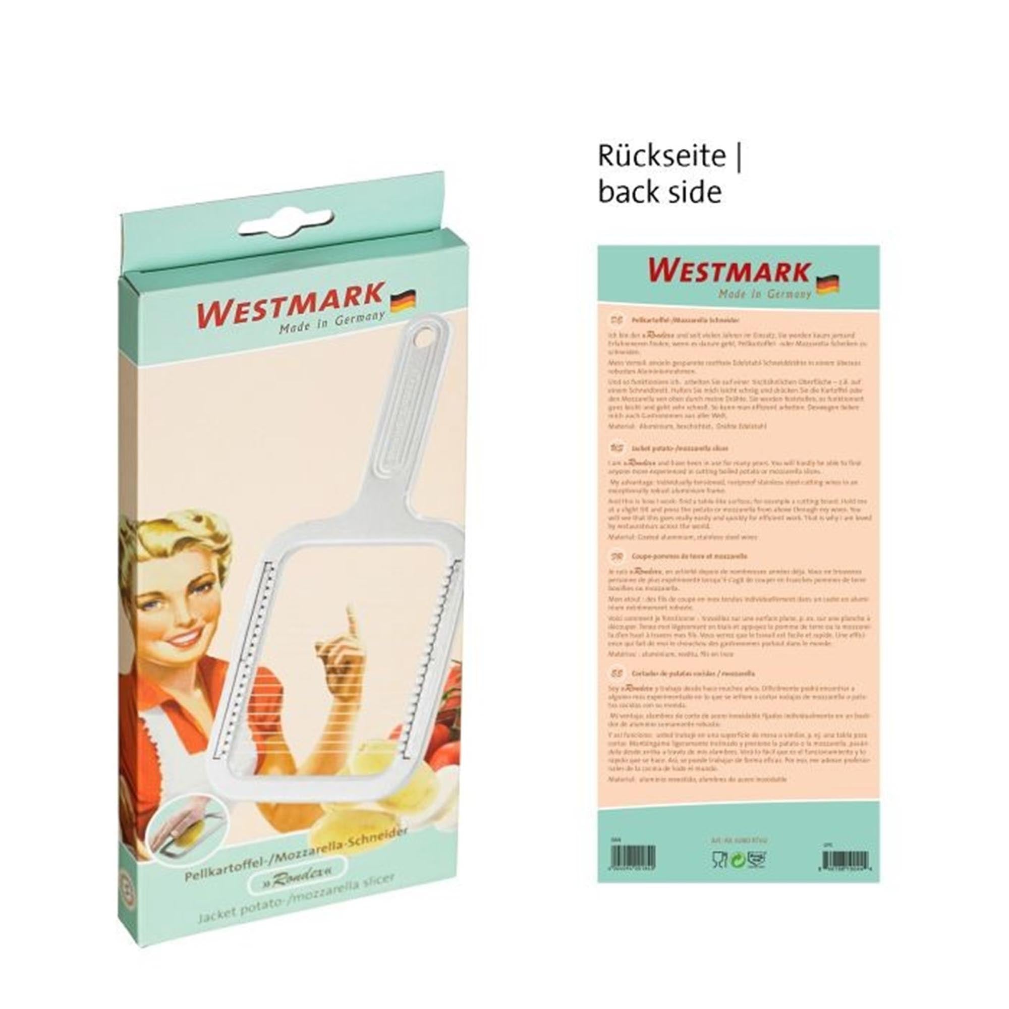 Retro Pellkartoffelschneider von Westmark, ideal für Mozzarella und Pellkartoffeln, Masse: 25.5x11.5x1 cm, robust und praktisch.