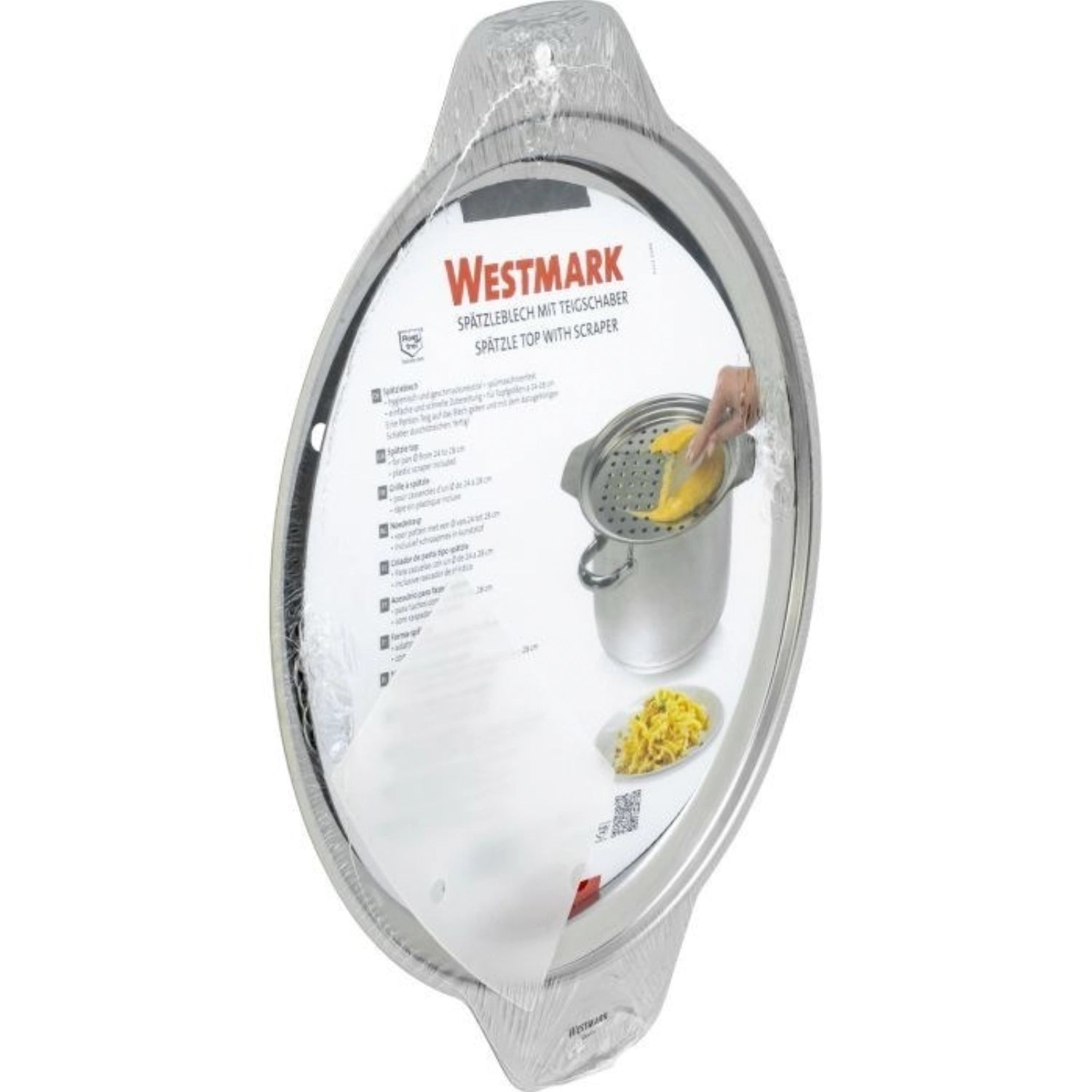 Praktischer Spätzle- und Topfaufsatz von Westmark, passend für Töpfe mit 24-28 cm Durchmesser, zum einfachen Abtropfen und Schaben von Teigwaren.