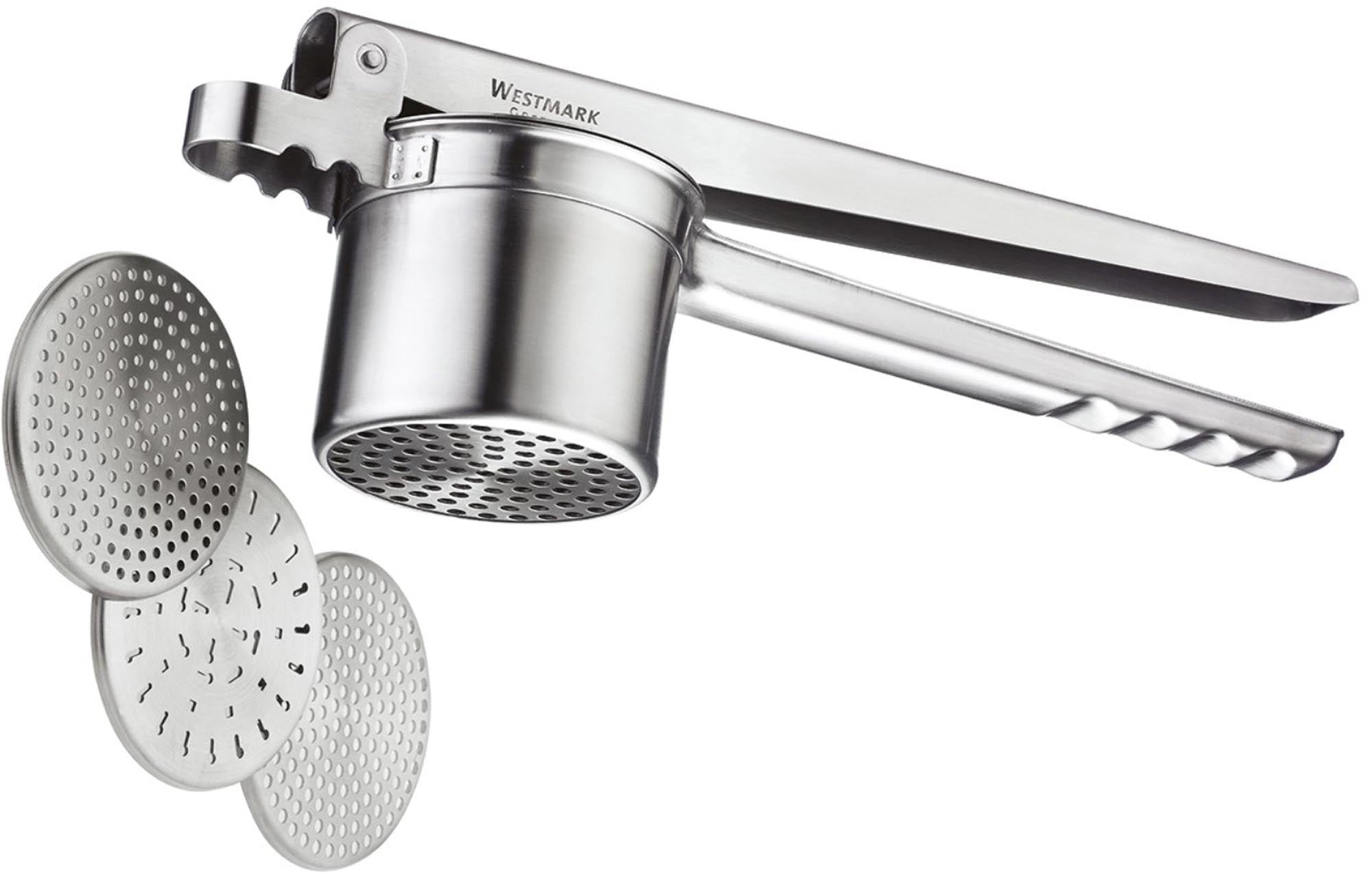 Entdecken Sie die Westmark Spätzle-Kartoffelpresse: Hochwertiger Edelstahl, ergonomisches Design, spülmaschinenfest und vielseitig für Spätzle, Kartoffelpüree und mehr!