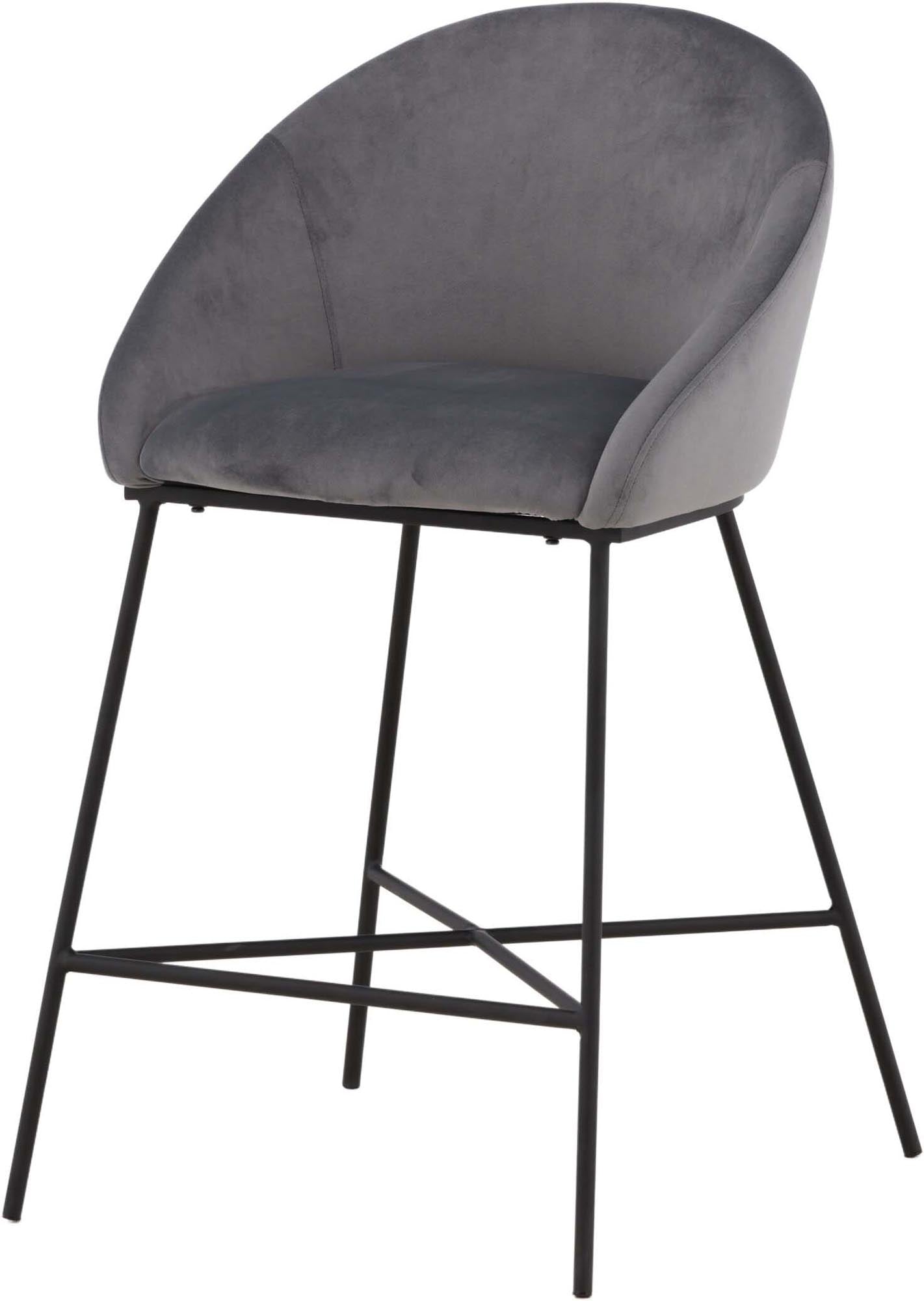 Eleganter Velvet Barstuhl in Grau von Venture Home: Luxuriöser Samt, stabile Stahlbeine, ideal für Bars und hohe Tische.