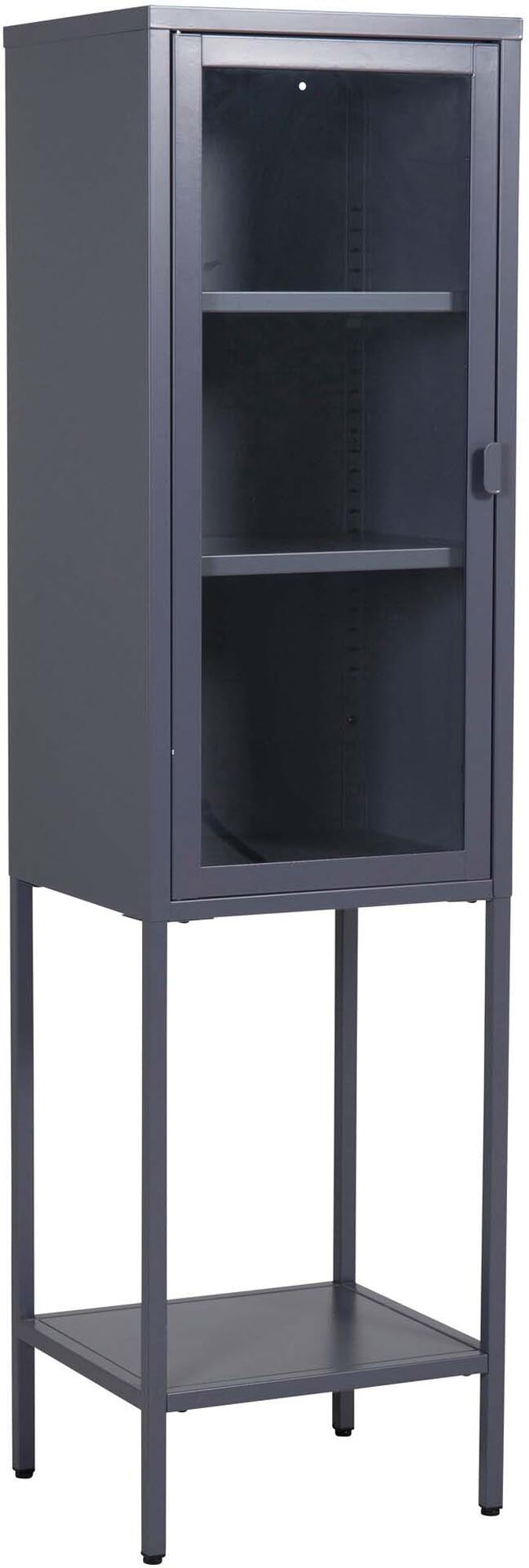 Mischa Kabinett von Venture Home: Stilvoller Schrank aus schwarzem Stahl mit Glastür, ideal für kleine Räume und vielseitige Nutzung.