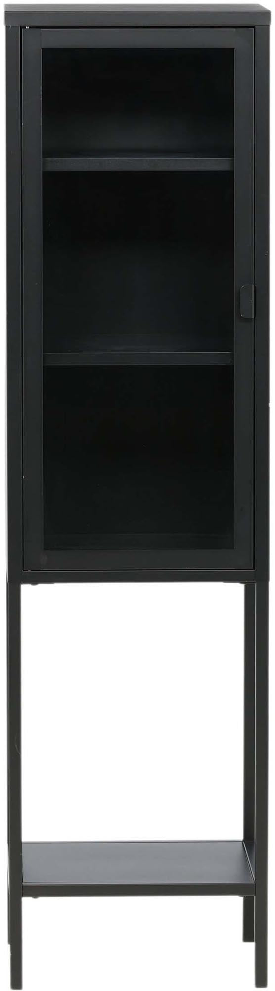Mischa Kabinett: Eleganter Schrank aus schwarzem Stahl mit Glastür, ideal für stilvolle Aufbewahrung in kleinen Räumen.