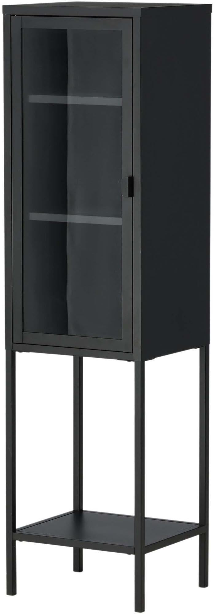 Mischa Kabinett: Stilvolles Industriedesign aus schwarzem Stahl, 150 cm hoch, mit Glastür und vielseitigen Nutzungsmöglichkeiten.