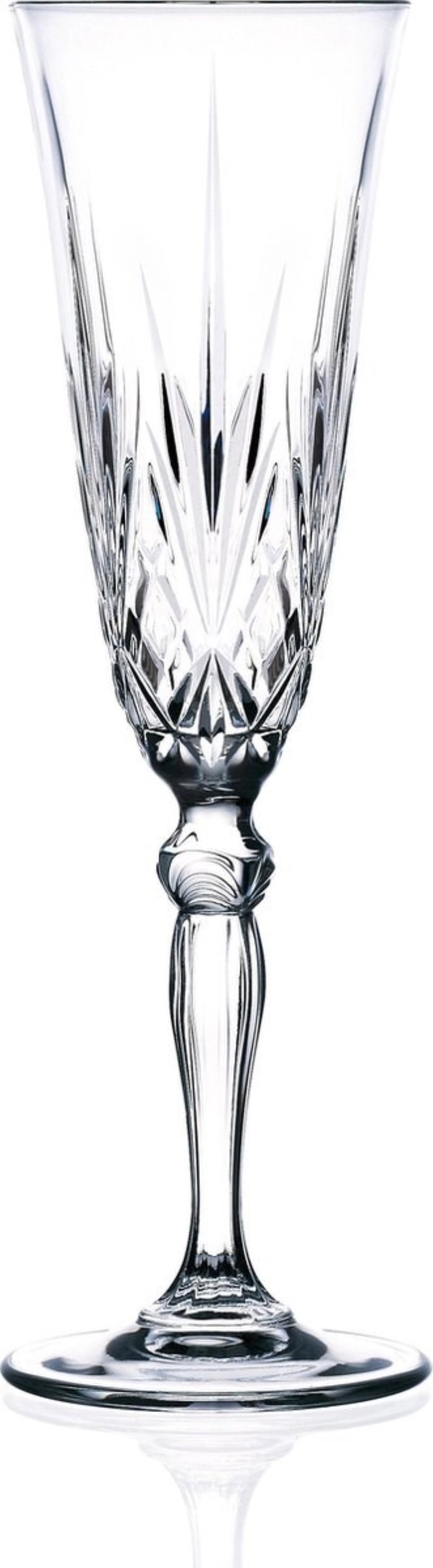 6er Set Melodia Flute von RCR aus transparentem Glas, schlanke Champagnergläser mit 16cl Fassungsvermögen, Ø7.0 H22.2 cm, auf hellem Hintergrund.