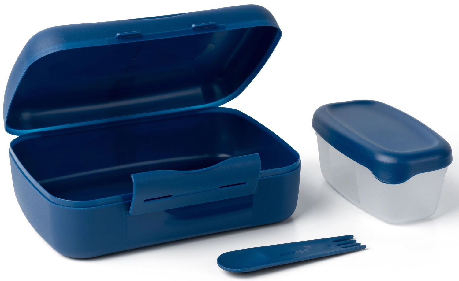 Dunkelblaue Amuse Lunchbox mit Göffel, ideal für Brunch-Salate und Snacks, handlich und modern im Design.