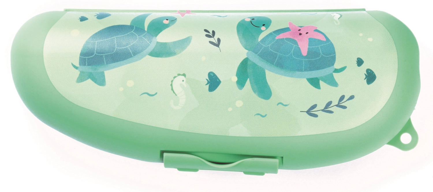 Fröhliche Lunchbox in Schildkrötenform, leuchtend hellgrün, ideal für Kinder zum Aufbewahren von Snacks und Obst, Maße: 223x90x50 mm.
