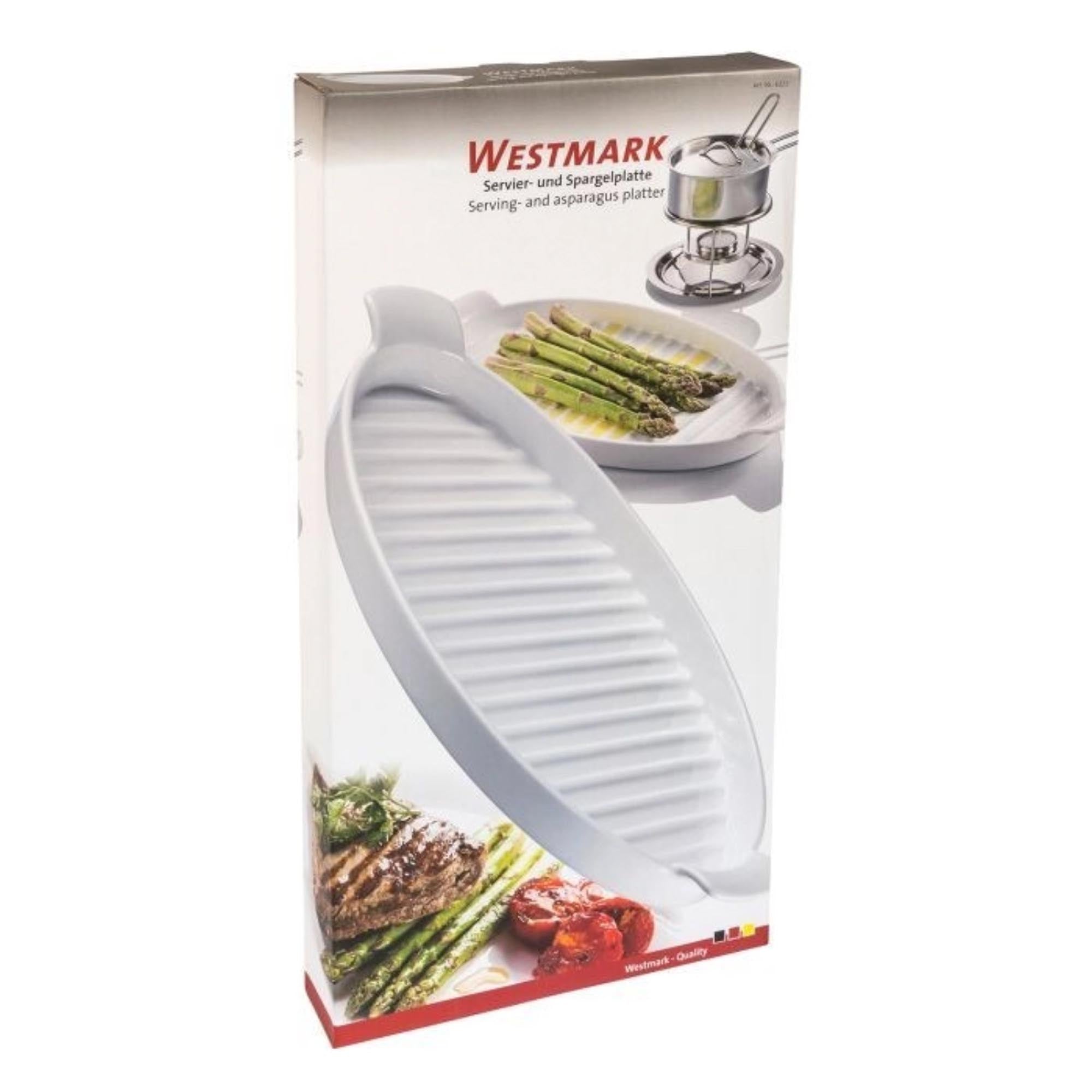 Elegante Porzellanplatte mit Bodenrillen, 39.5x20x4cm, ideal zum stilvollen Servieren von Spargel und anderen Speisen.