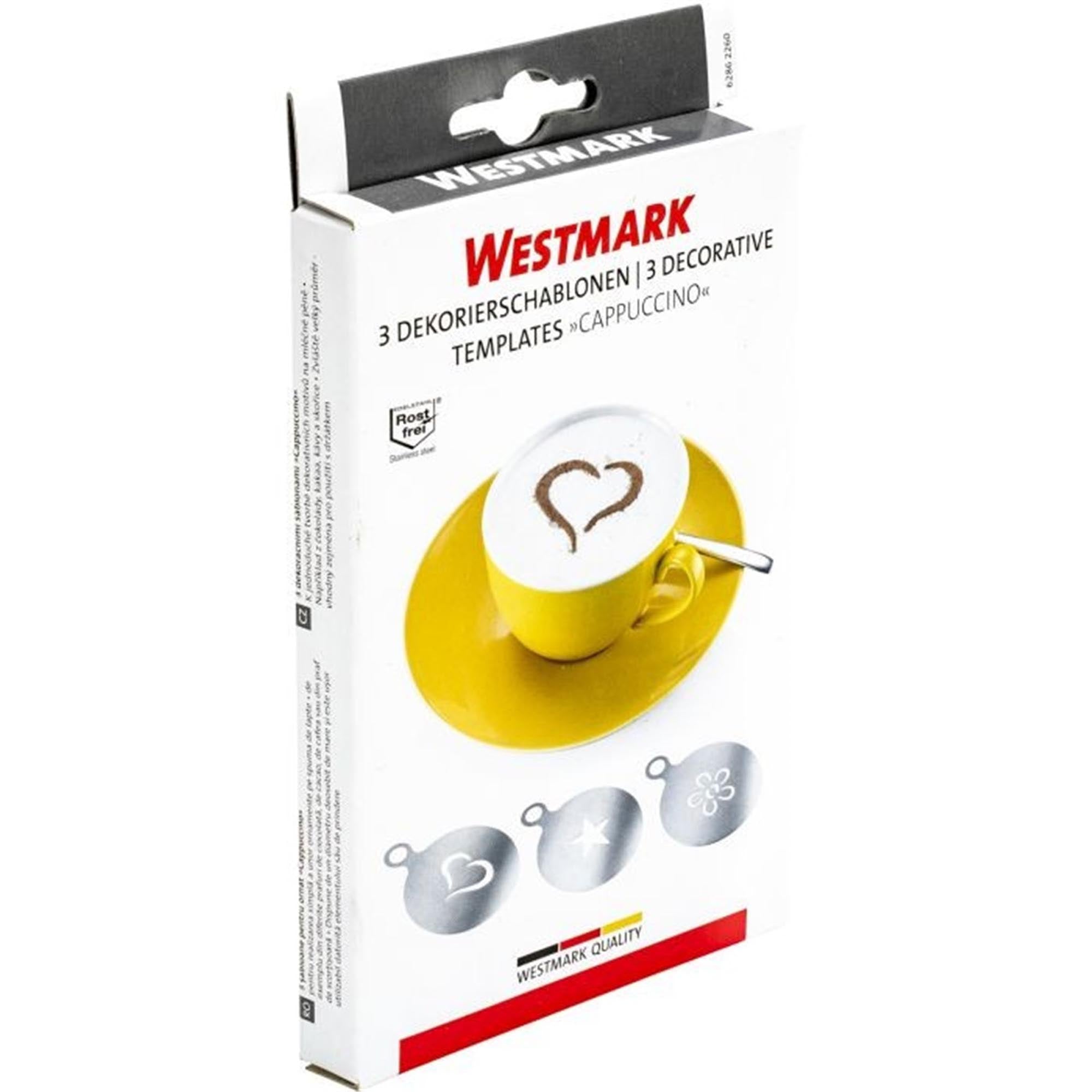 Set aus 3 Cappuccino-Schablonen von Westmark, ideal zum Verzieren von Kaffee, Desserts und mehr, Durchmesser 10 cm, Höhe 5 mm.