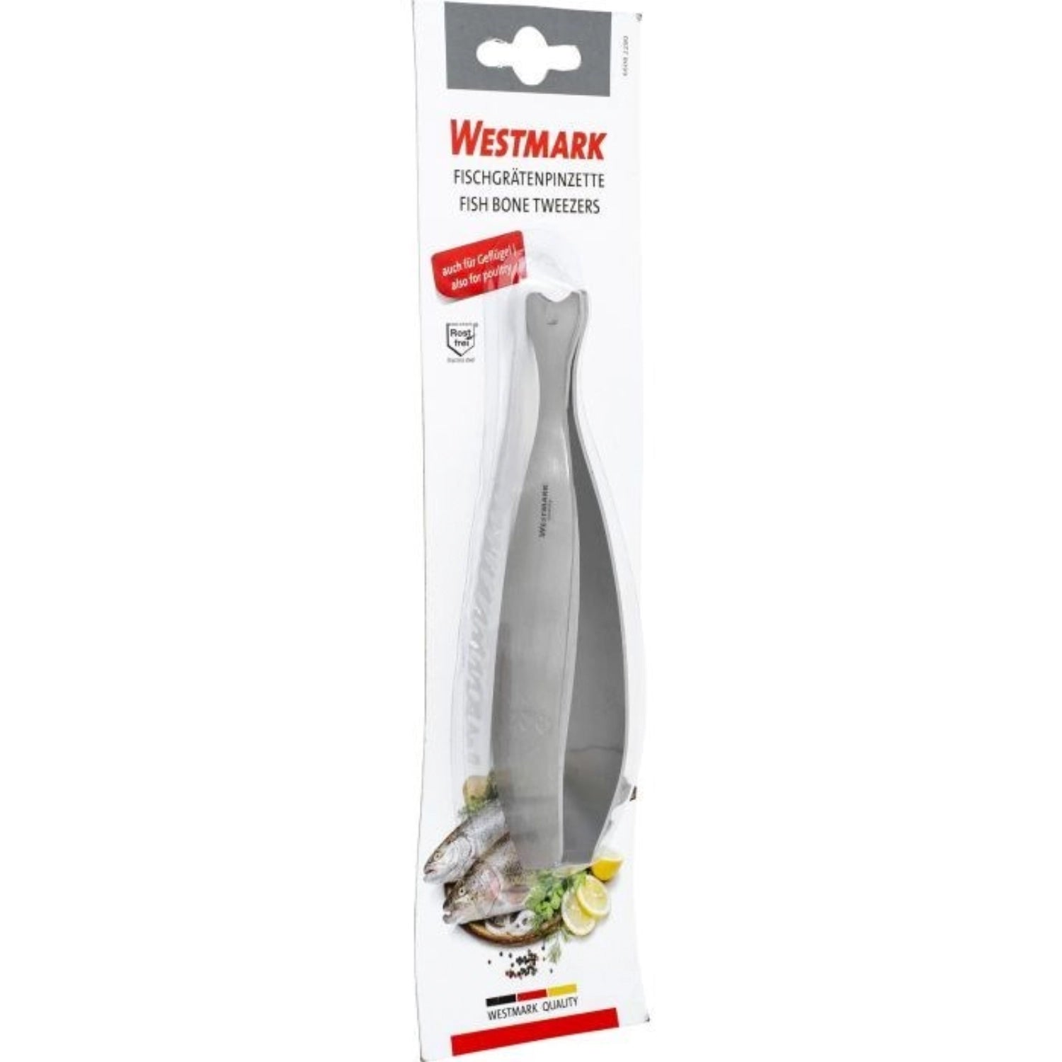 Präzise Fischgrätenpinzette von Westmark, 14x3x2.5cm, perfekt zum mühelosen Entfernen von Gräten aus frischen Fischfilets, ein Must-Have für jede Küche.
