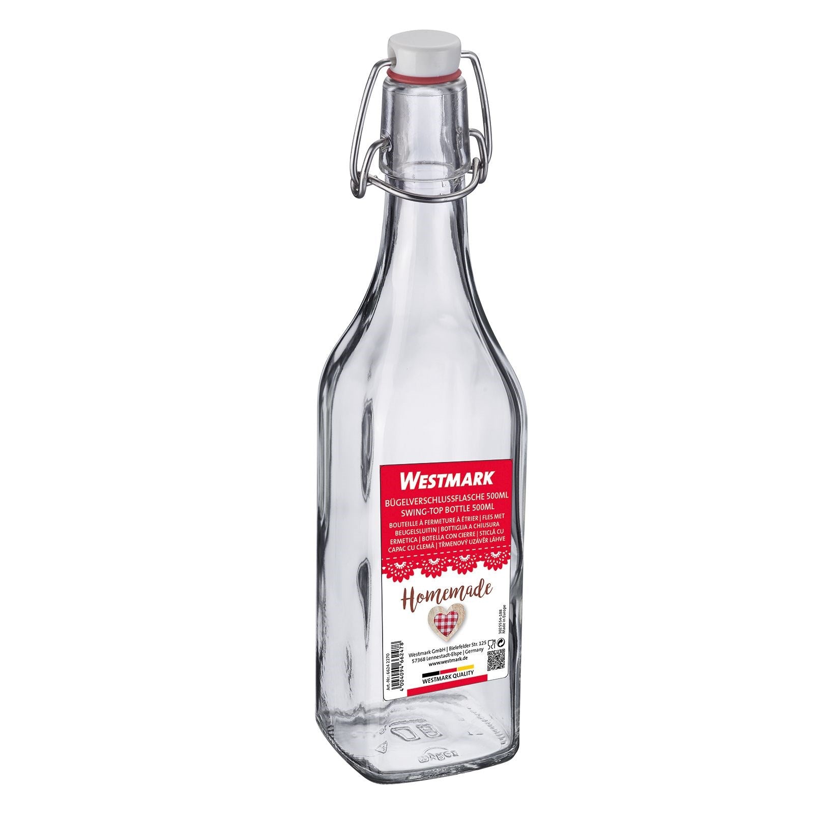 Stilvolle 500ml Bügelverschlussflasche von Westmark, perfekt für Getränke, mit Anhänger zur persönlichen Beschriftung.