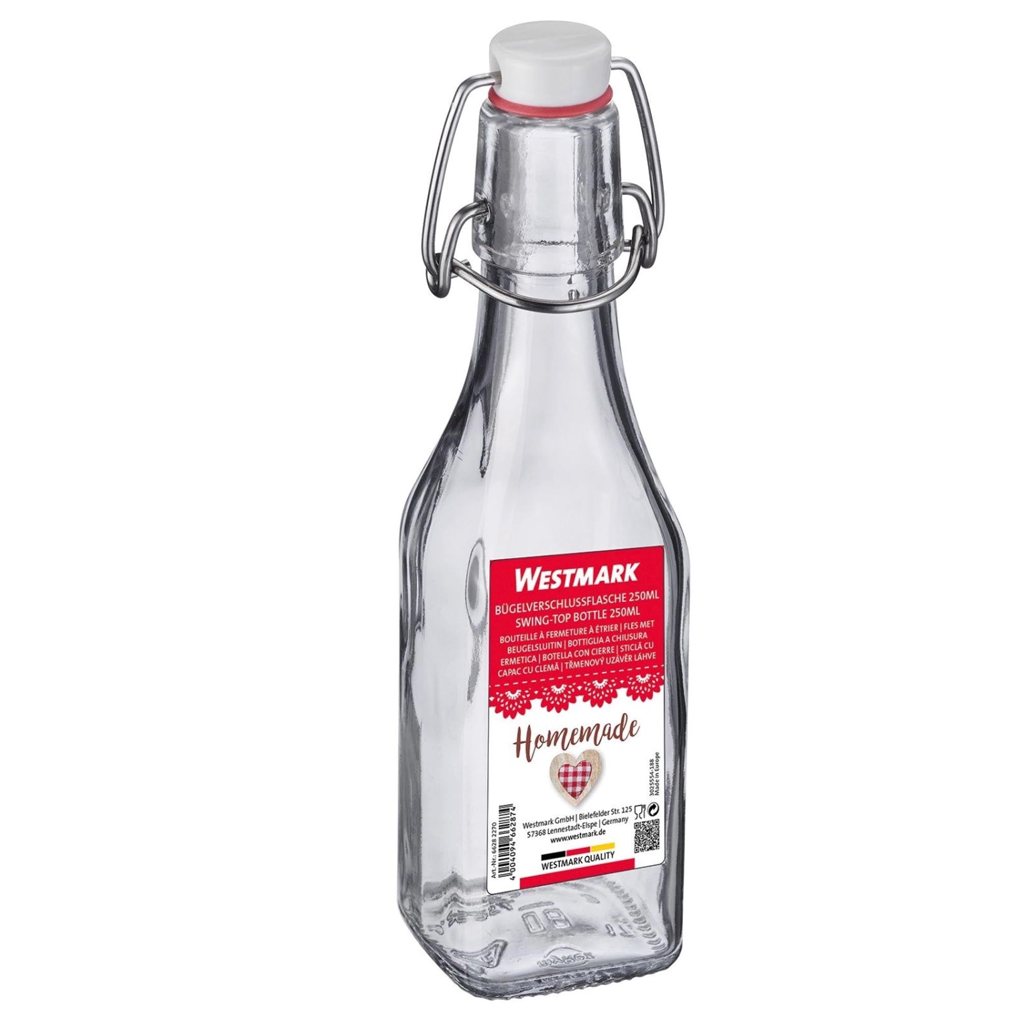 Stilvolle 250ml Bügelverschlussflasche von Westmark, perfekt für Flüssigkeiten, mit Anhänger für persönliche Beschriftungen.