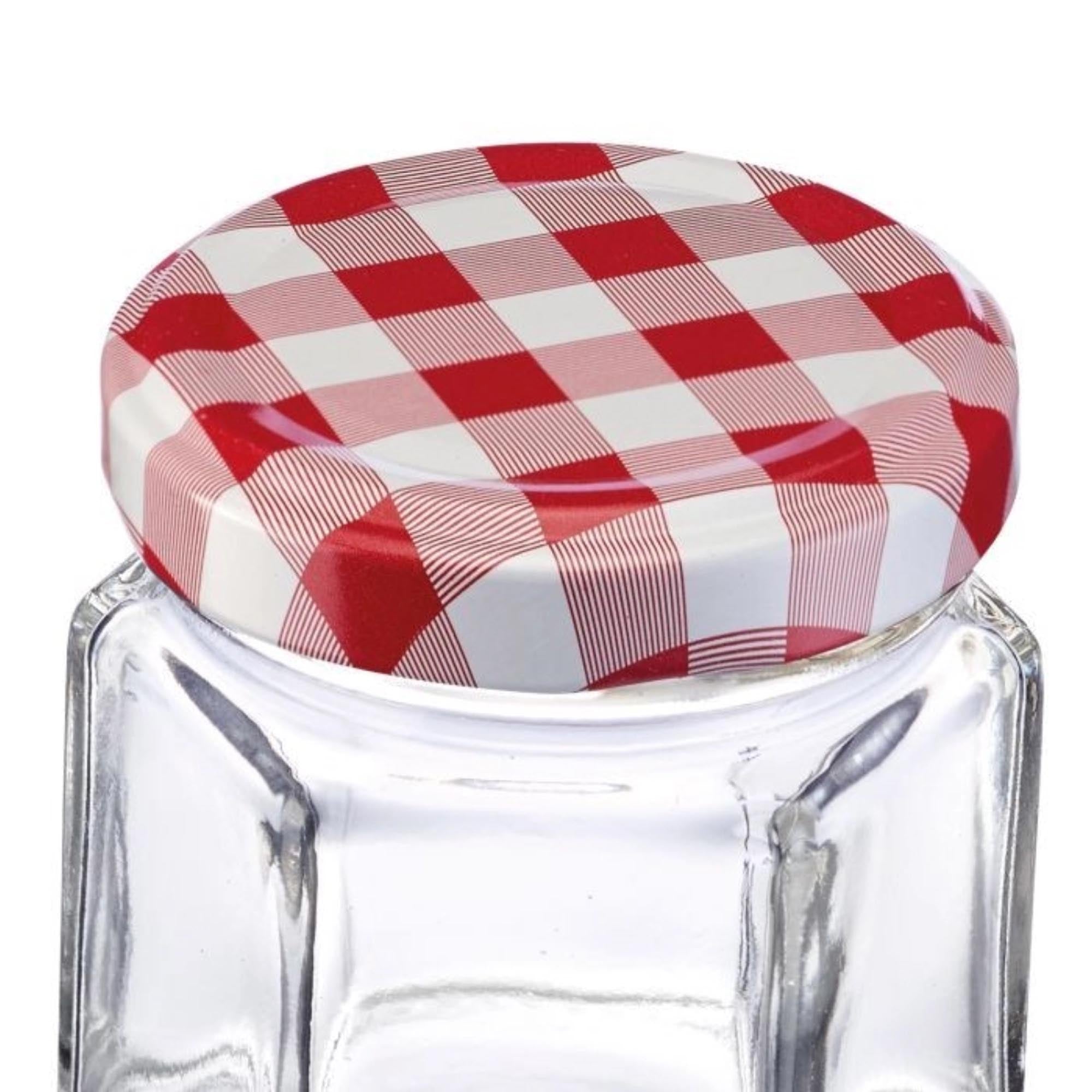 Set aus 8 sechseckigen 45ml Gläsern mit weissen 43mm Deckeln von Westmark, perfekt für Marmeladen, Gewürze oder kleine Vorräte.