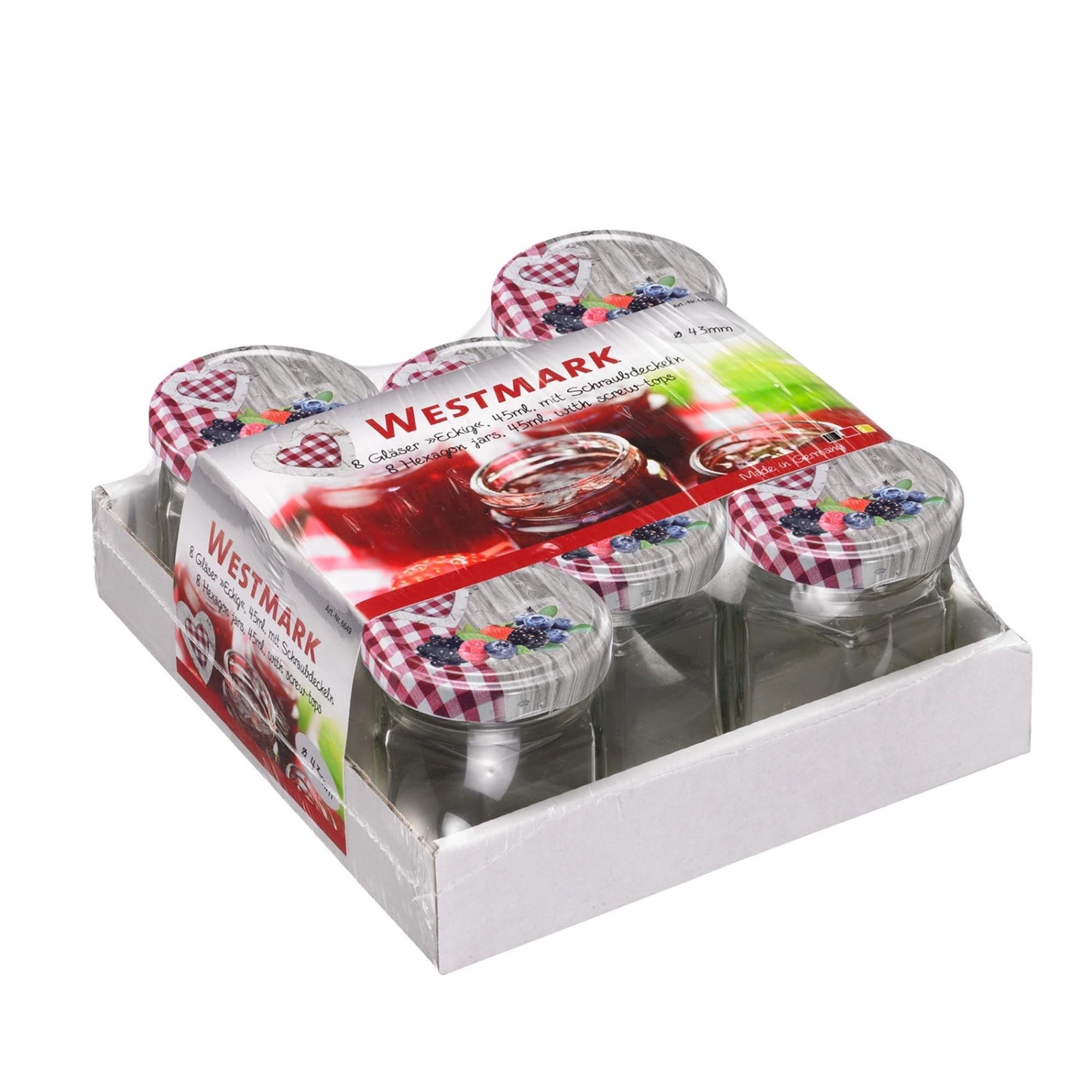 Entdecken Sie das 8er Set 45ml 6eck Gläser von Westmark mit weißen Deckeln. Ideal für Gewürze, Kräuter und Snacks. Langlebig, luftdicht und spülmaschinenfest!