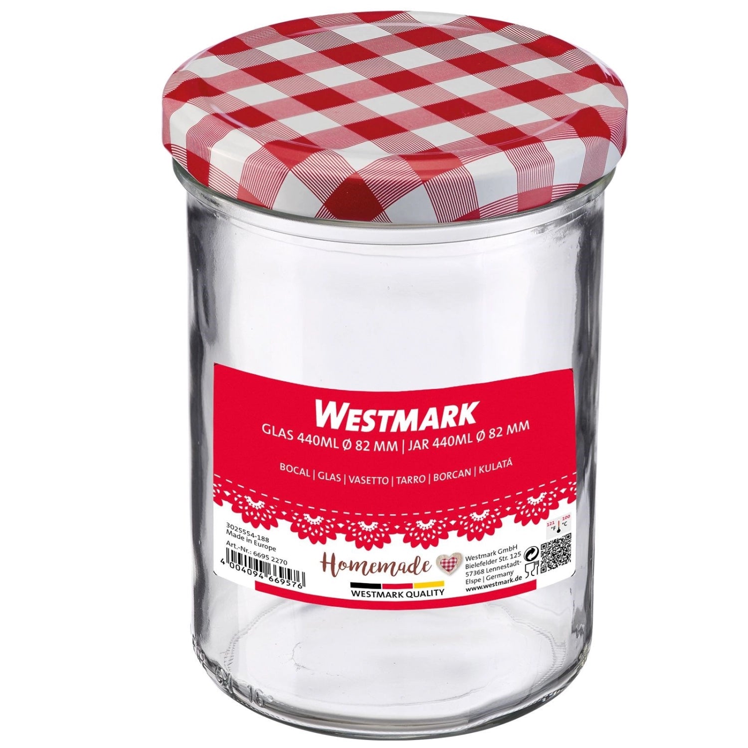 Sturzglas mit 440 ml Volumen, ausgestattet mit einem dekorativen rot-weißen Deckel von Westmark, perfekt für die kreative Einmachkunst und Lebensmittelaufbewahrung.