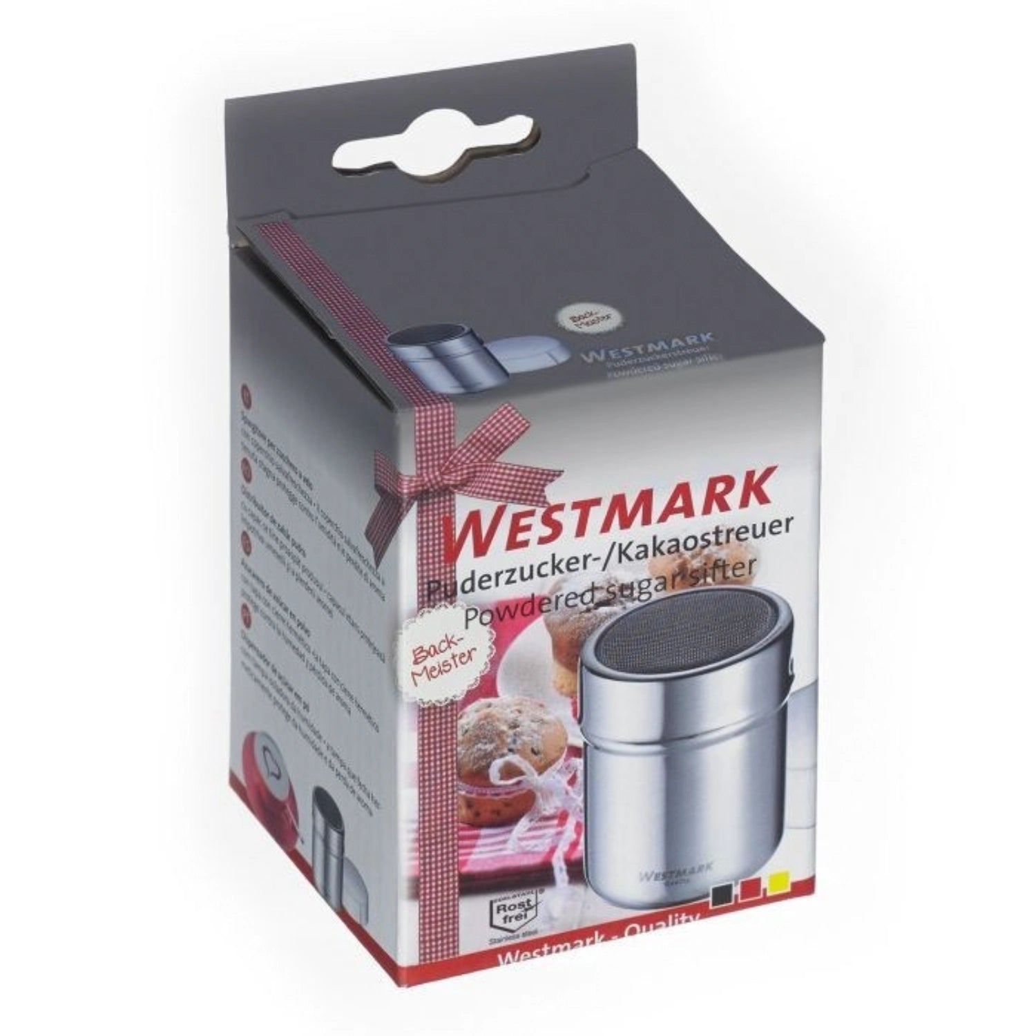 Praktischer Puderzuckerstreuer von Westmark mit Frischhaltedeckel, ideal für eine saubere Dosierung und langanhaltende Frische des Puderzuckers.