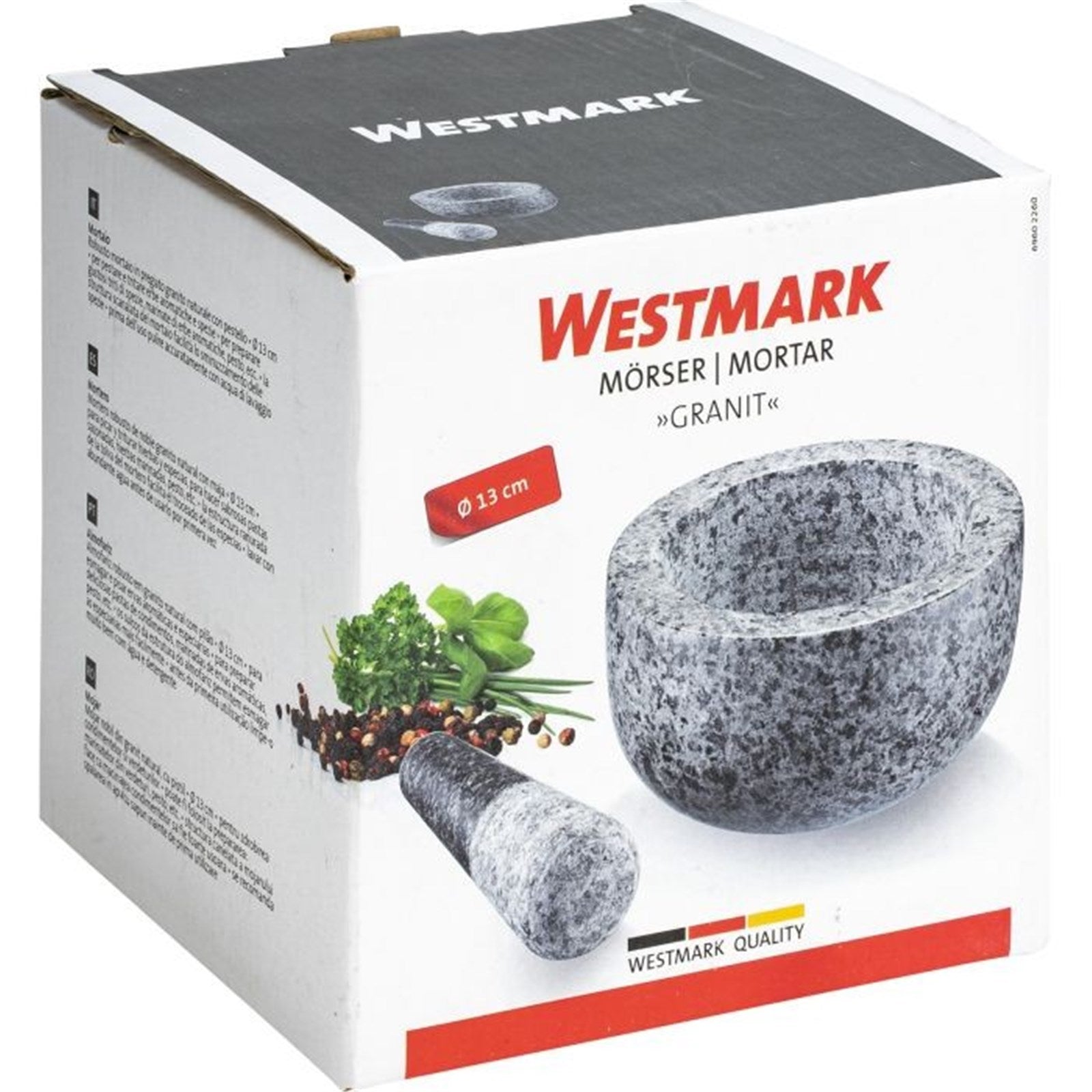 Robuster Granitmörser von Westmark, perfekt für Kräuter und Gewürze. Masse: 13 cm Durchmesser, 7 cm Höhe. Praktisch und langlebig.