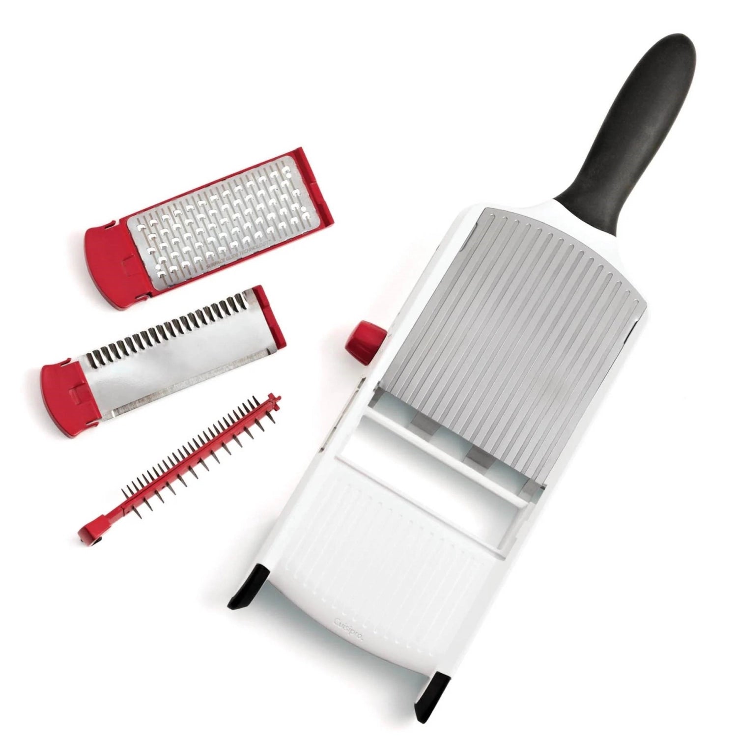 Cuisipro Mandoline mit 3 austauschbaren Klingen, 36x10 cm, perfekt für gleichmäßige Schnitte von Obst und Gemüse, ergonomisch gestaltet für einfache Nutzung.
