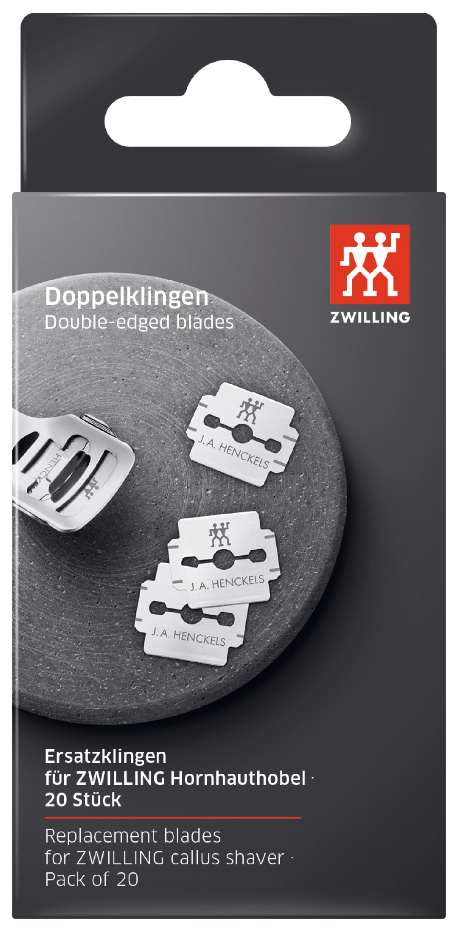 Zwei Sets mit je 10 professionellen Hornhauthobelklingen von Zwilling Beauty, perfekt für exakte Pflege von Nägeln und Füßen, Maße 33x25 mm.