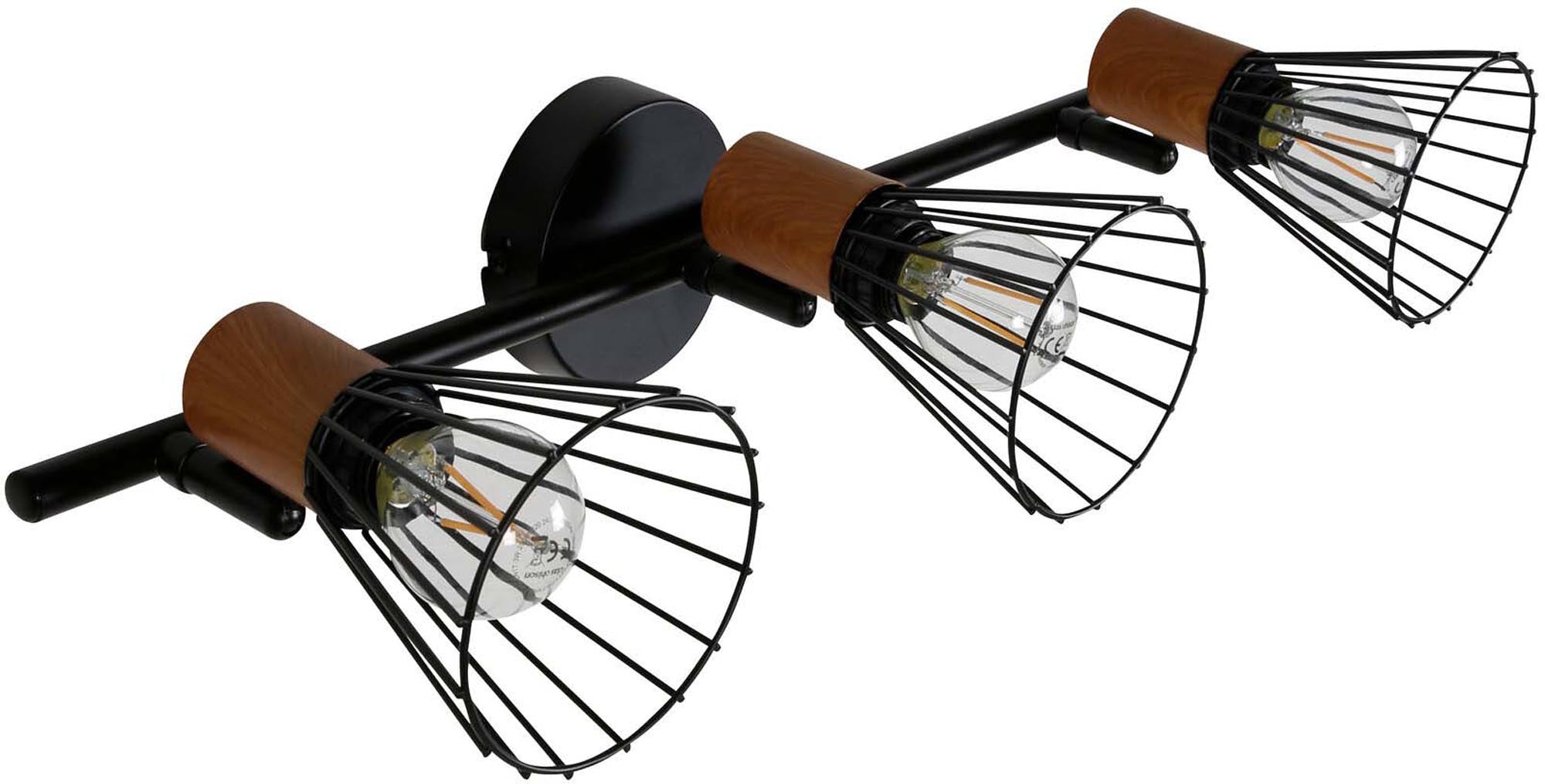 Die Atticus Wandleuchte von Venture Home: Elegantes Design, schwarzer Stahl, walnussfarbene Schirme, warmes Licht, langlebig.