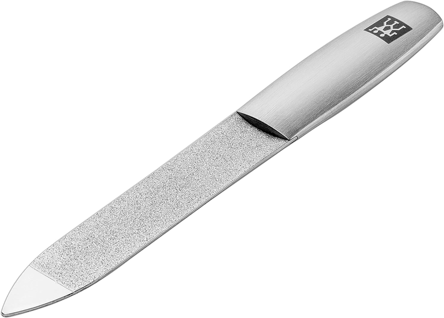 Elegante Saphir-Nagelfeile aus hochwertigem, mattiertem Edelstahl, 90mm lang, für exakte Nagelgestaltung und Pflege, ideal für Beauty-Anwendungen.