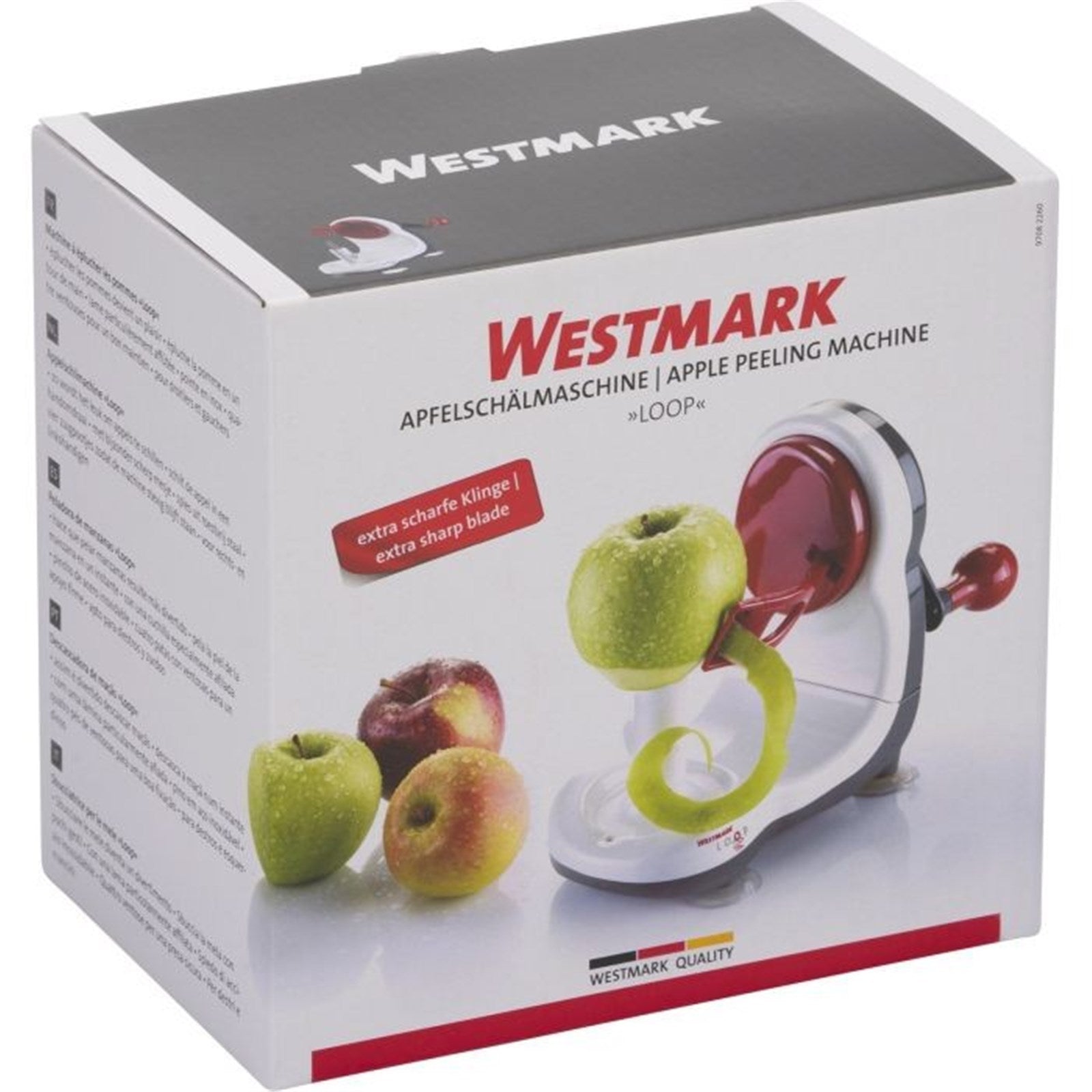 Effiziente Apfelschälmaschine von Westmark, perfekt zum Schälen, Entkernen und Schneiden von Äpfeln, kompakt und benutzerfreundlich.
