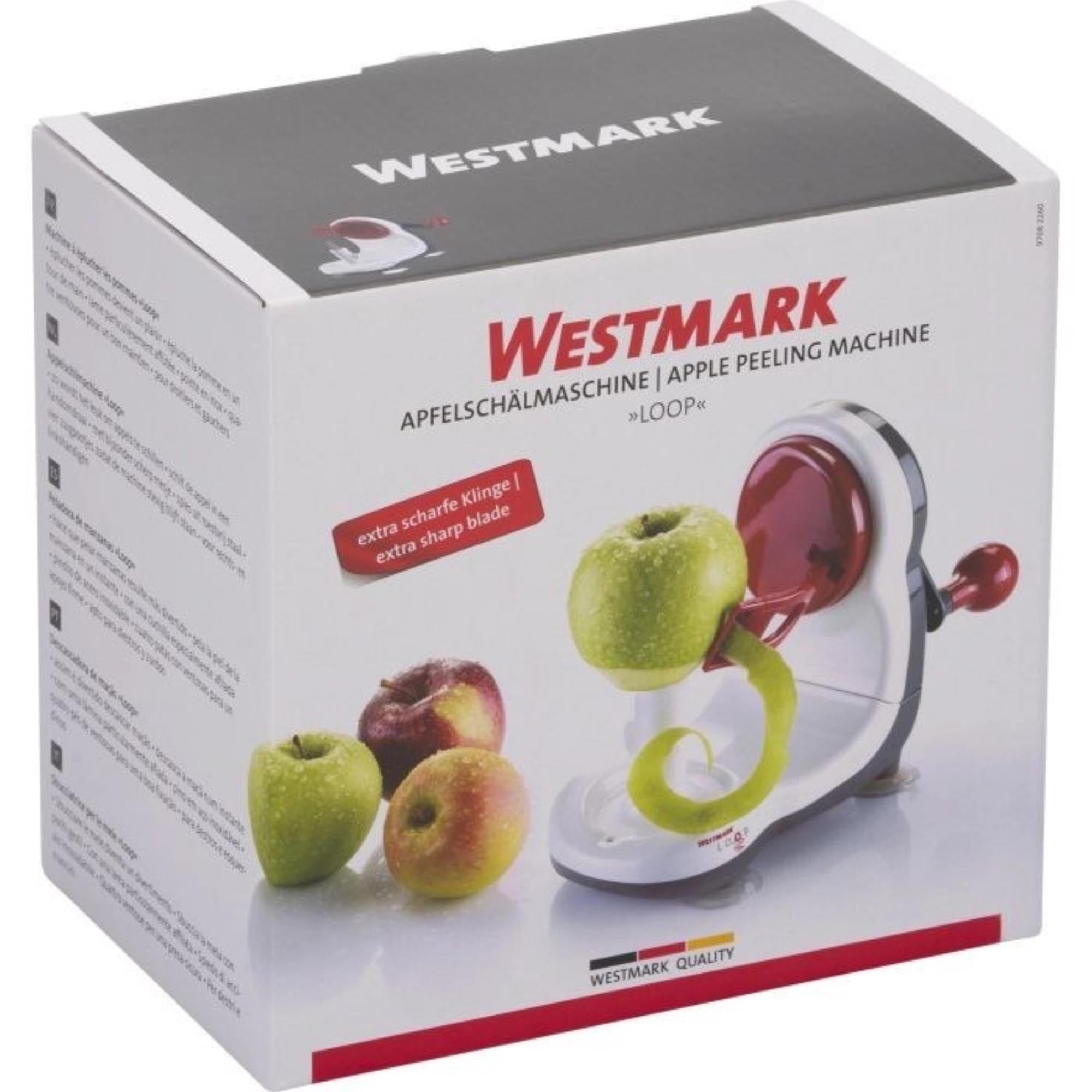 Praktische Apfelschälmaschine von Westmark, ideal zum Schälen, Entkernen und Schneiden von Äpfeln, kompakt und einfach zu bedienen.