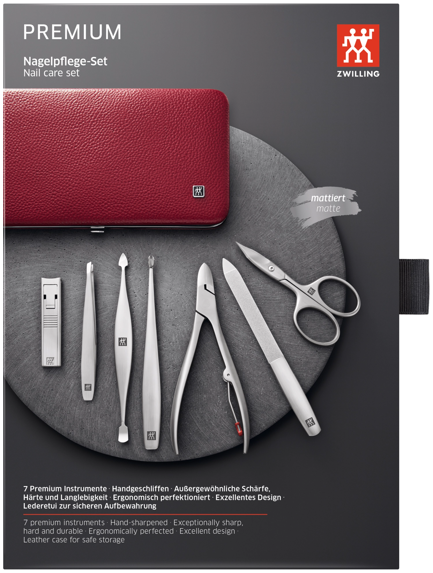 Entdecken Sie das elegante 7-teilige Rahmen-Etui von Zwilling Beauty aus feinstem rotem Rindleder – perfekt für Ihre Kosmetik und Pflegeprodukte.