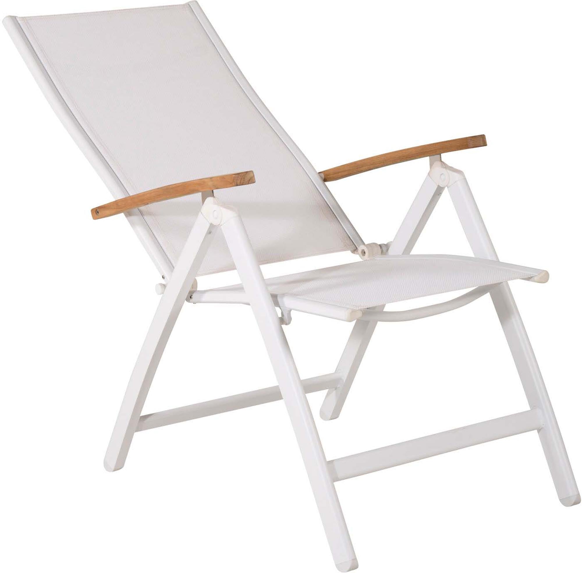 Panama Positions Stuhl: Stilvoller Gartenstuhl mit klappbarem Design, robustem Aluminium und luxuriösen Teakholz-Armlehnen für entspannte Sommertage.