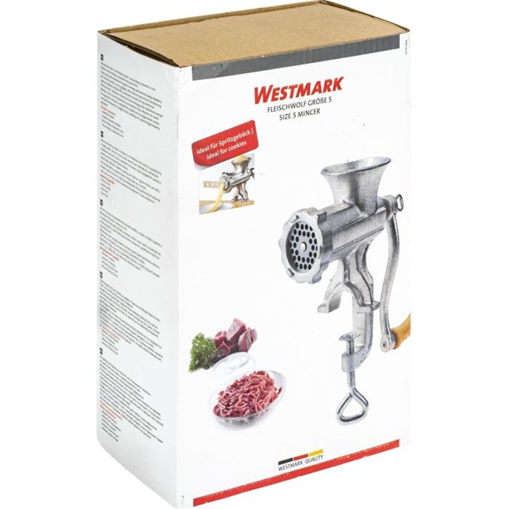 Kompakter Fleischwolf von Westmark, Grösse 5, ideal für frisches Hackfleisch, Masse: 22,5x9x24 cm, robust und einfach zu bedienen.