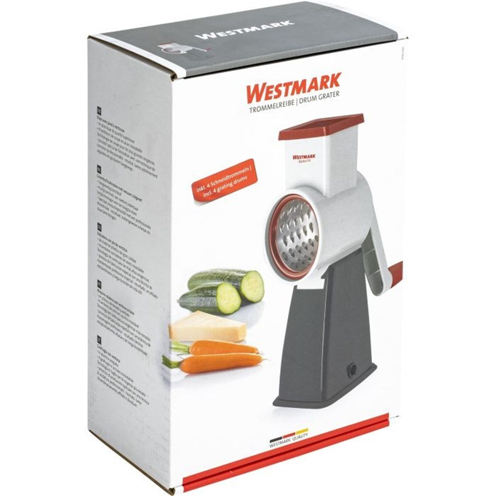 Praktische Reibmaschine von Westmark mit 4 Trommeln, ideal für Käse und Gemüse. Kompakte Grösse: 20x11x27,5 cm. Vielseitig einsetzbar.