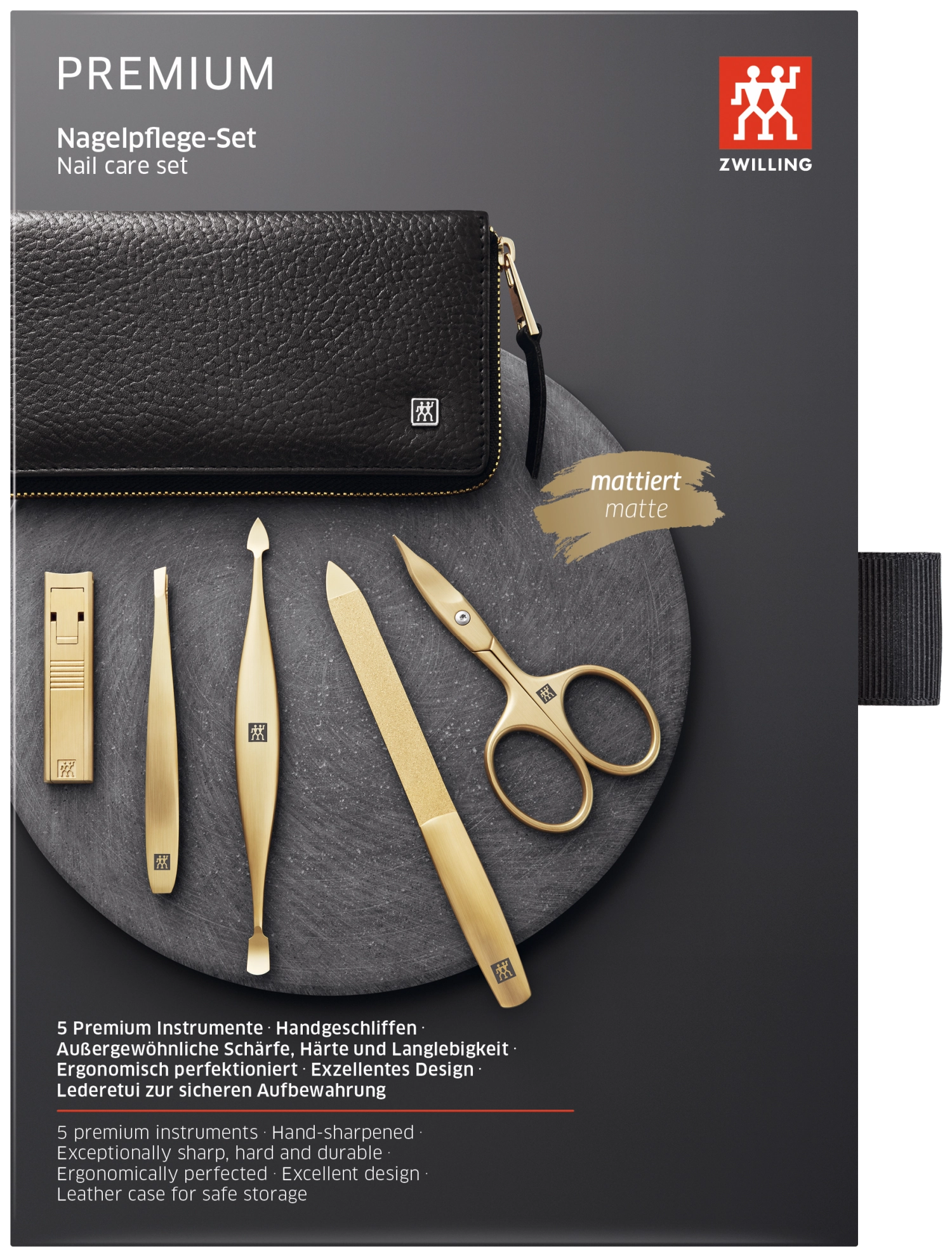 Entdecken Sie das elegante Classic INOX Rahmenetui von Zwilling Beauty. Fünf edle Instrumente aus rostfreiem Edelstahl, perfekt für Ihre Beauty-Routine.