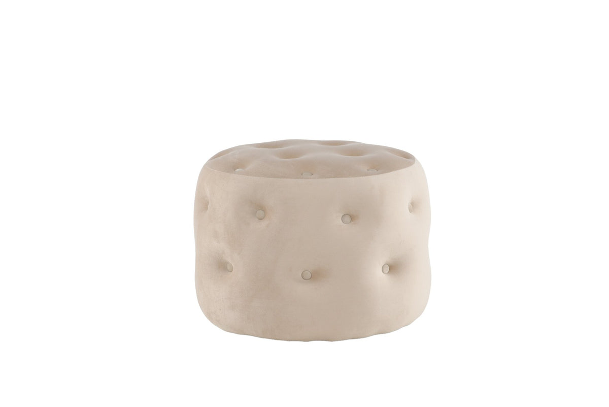 Runder Pouf Benjamin von Venture Home in Weiss, Bezug aus Polyestersamt mit gepolsterten Knöpfen, Durchmesser 55 cm, Höhe 44 cm