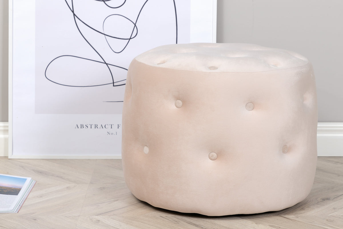 Runder Pouf Benjamin von Venture Home in Weiss, Bezug aus Polyestersamt mit gepolsterten Knöpfen, Durchmesser 55 cm, Höhe 44 cm
