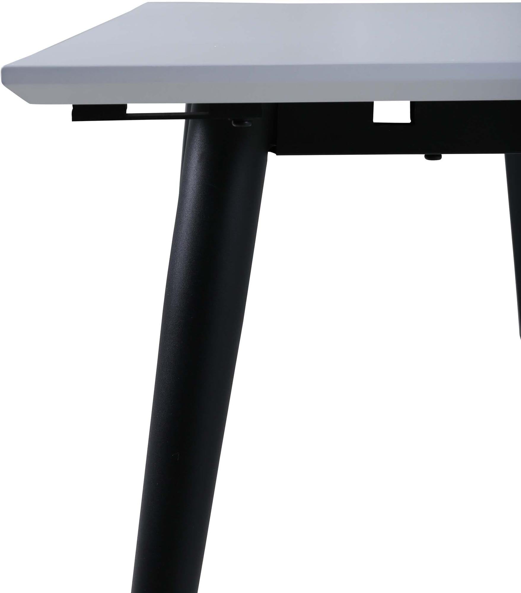 Eleganter Esstisch Jimmy: Weisse HPL-Platte, schwarze Metallbeine, ausziehbar für Flexibilität und Stil.