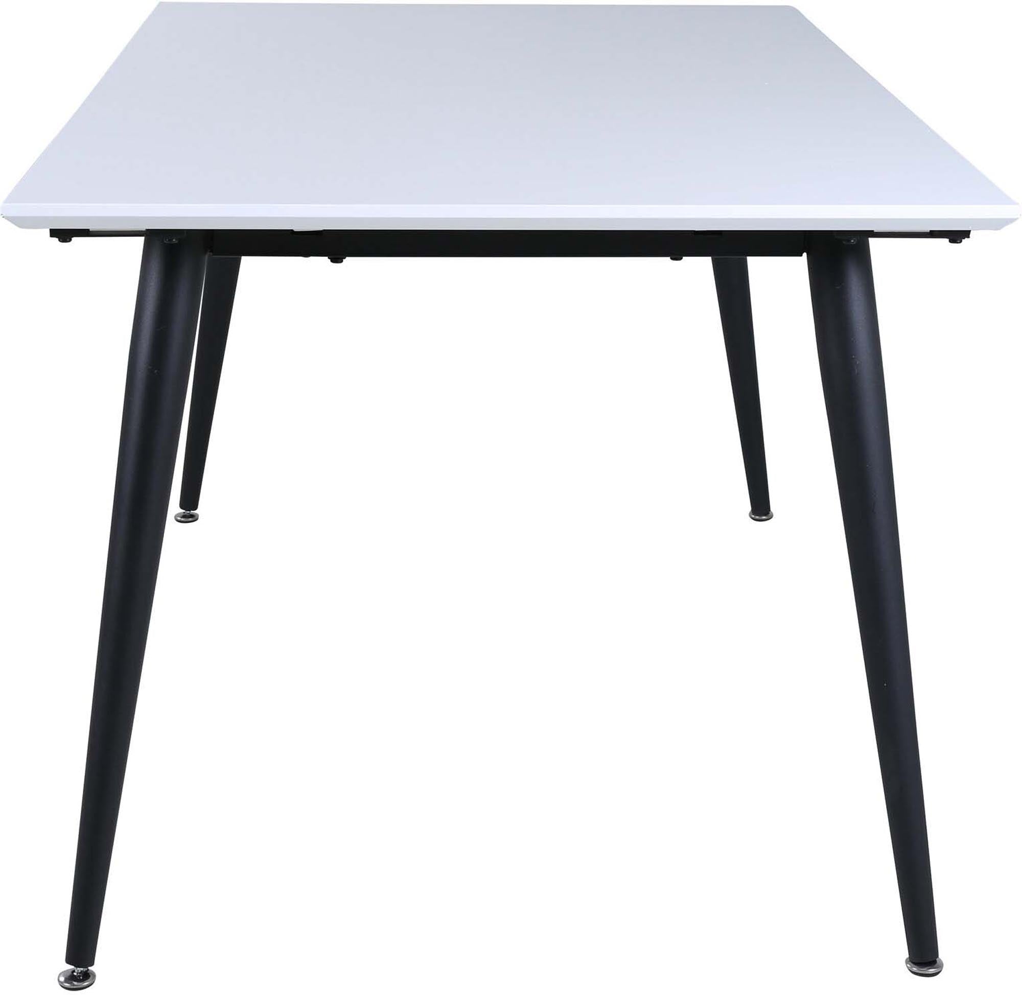 Eleganter Esstisch Jimmy: Weisse HPL-Platte, schwarze Metallbeine, ausziehbar für Flexibilität und Stil.