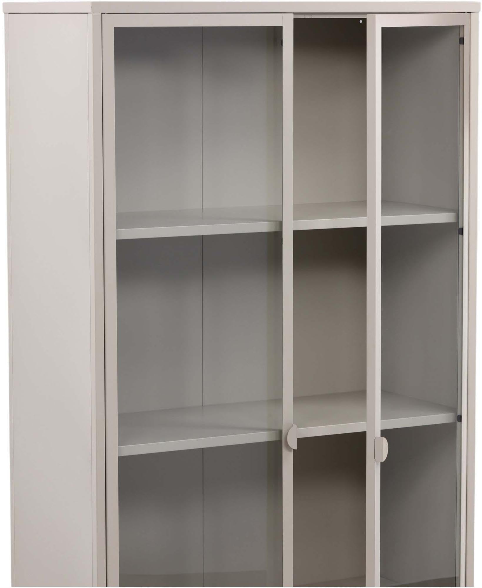 Piring Cabinet von Venture Home: Stilvoller Schrank aus beigem Stahl mit Glastüren für elegante Präsentation und praktische Aufbewahrung.
