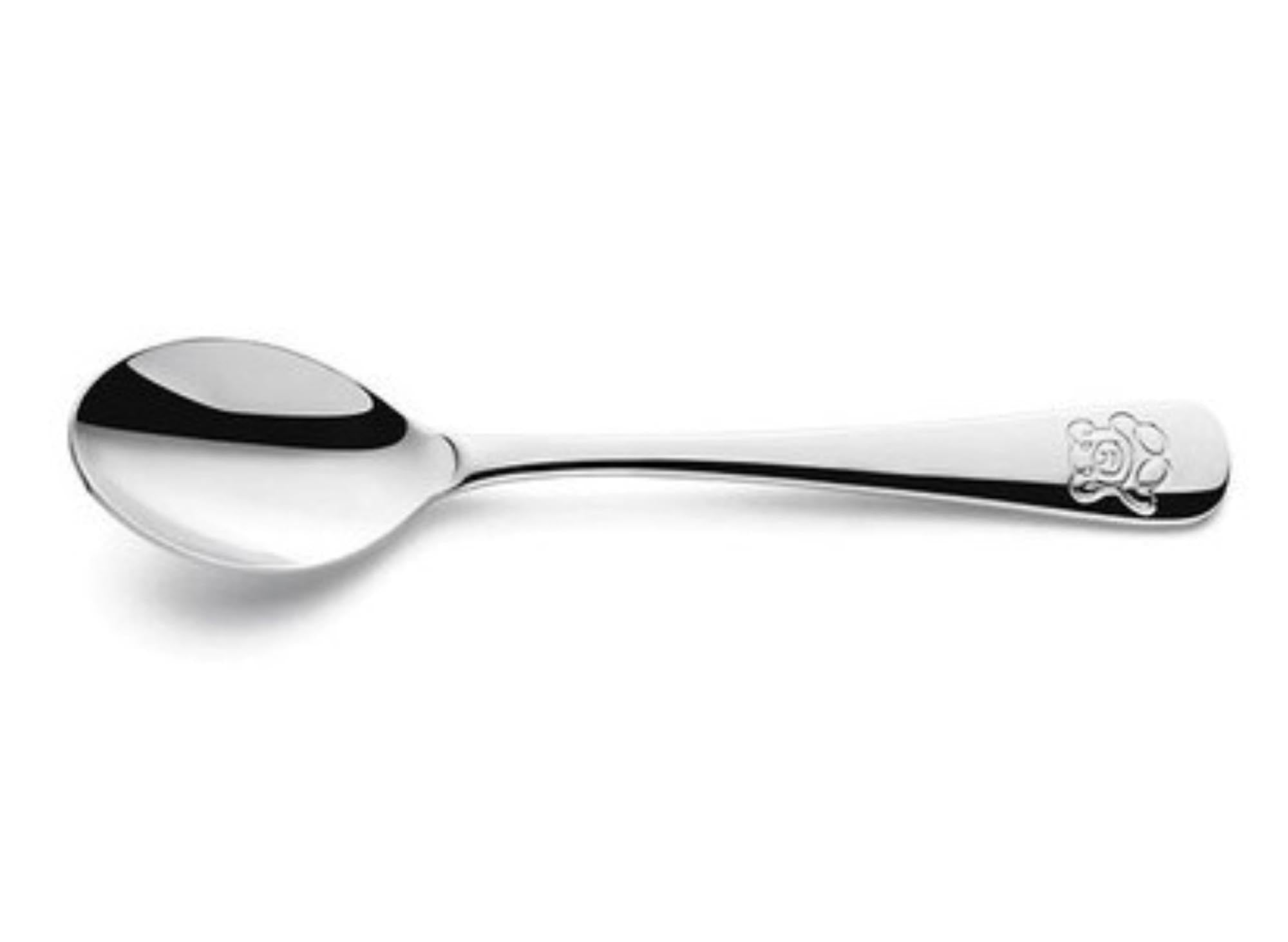 Hochglänzender Kinderteelöffel aus 18/10 Edelstahl mit süssem Teddy-Motiv, ideal für kleine Hände und spülmaschinenfest.