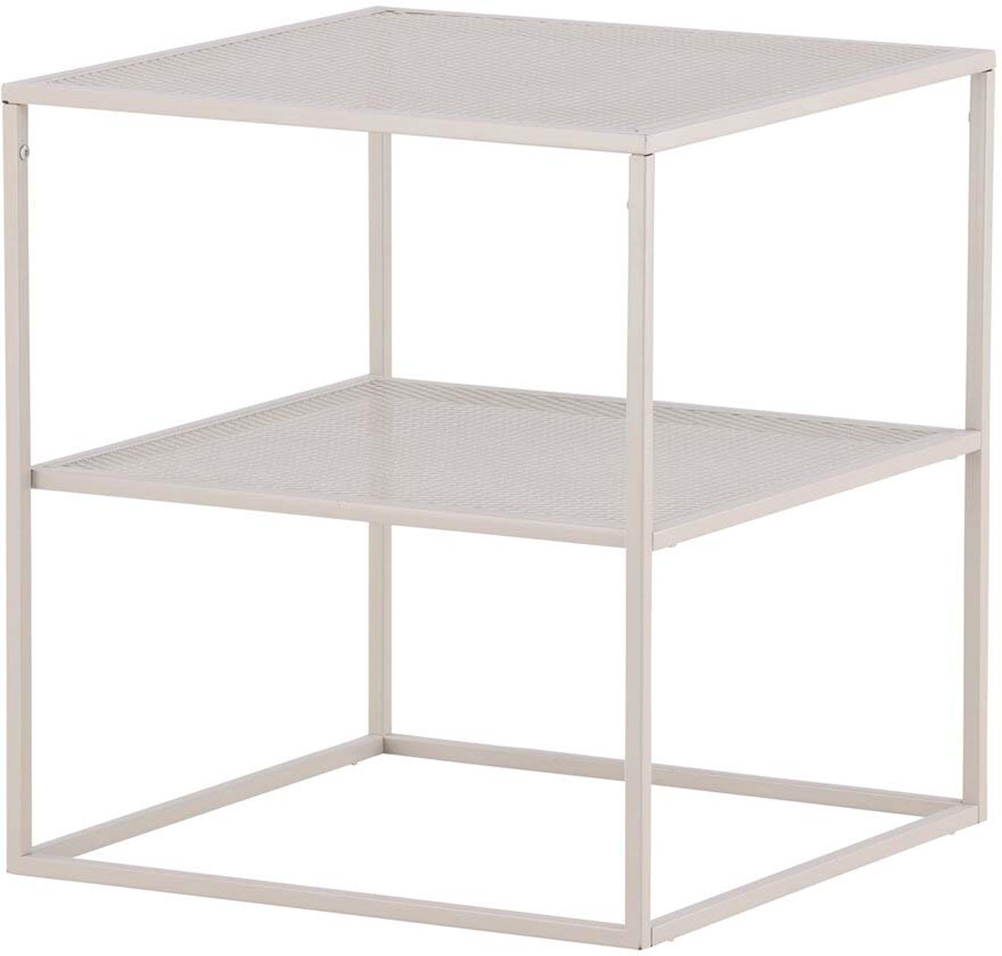 Stilvoller Netz Beistelltisch aus beigem Stahl, modern, pflegeleicht, vielseitig, mit Gitterregal für extra Stauraum.
