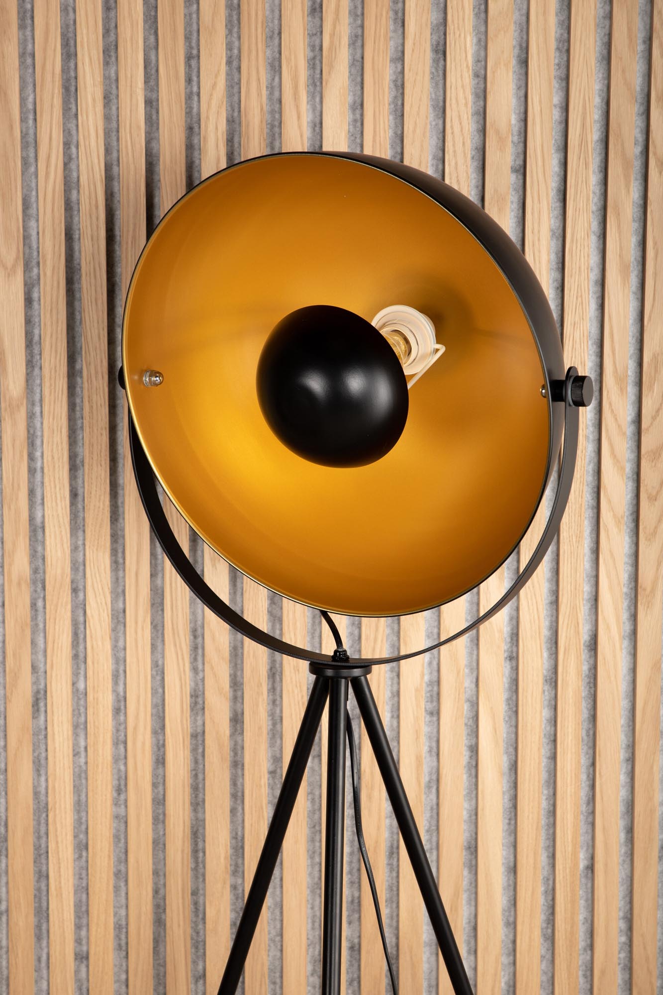 Elegante Search Stehleuchte von Venture Home in Schwarz mit goldenen Akzenten. Ideal für jeden Raum, vereint Stil und Funktionalität.