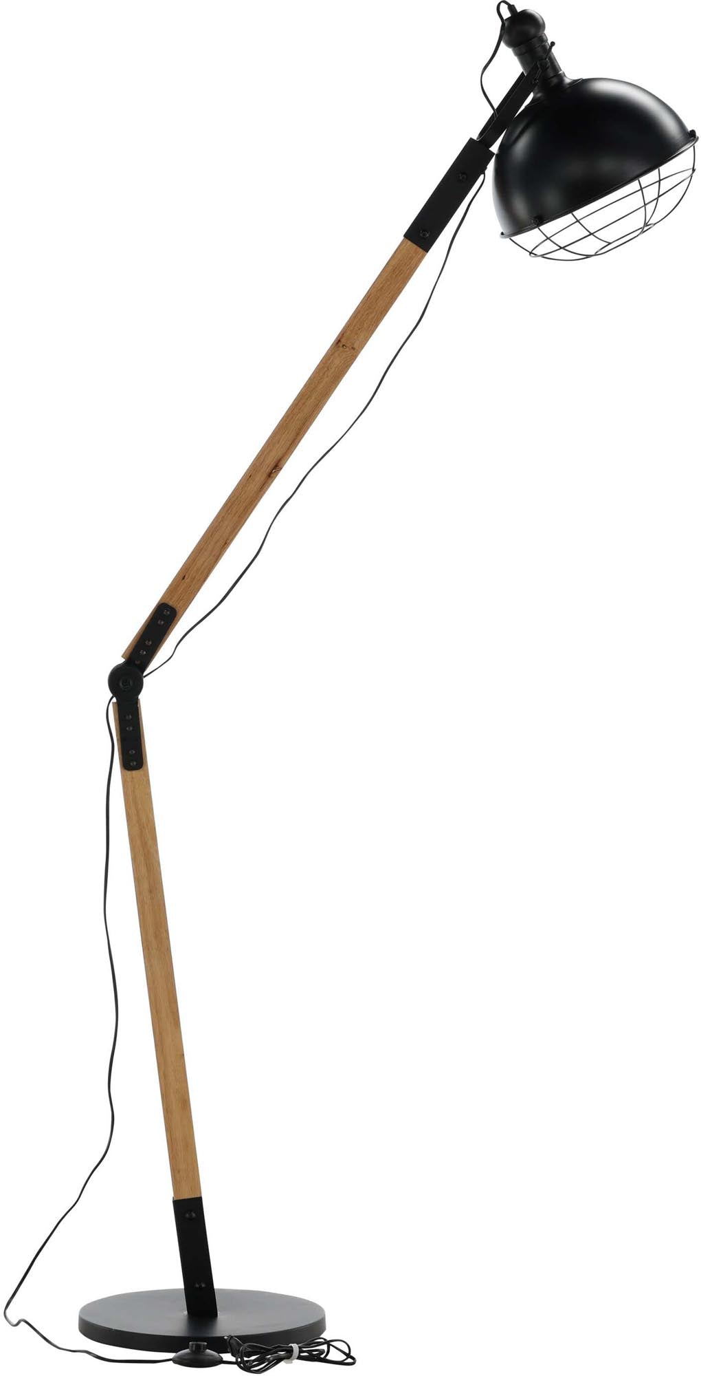 Stilvolle Kick Stehleuchte von Venture Home: Hochwertiger Stahl und Holzimitat vereinen Eleganz und Funktionalität für jedes Zuhause.