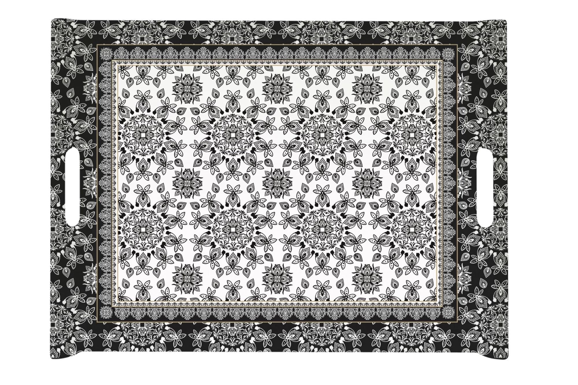 Elegantes Schwarz-Weiss-Tablett von Easy Life, robustes Melamin, spülmaschinenfest, ideal für Snacks und Deko.