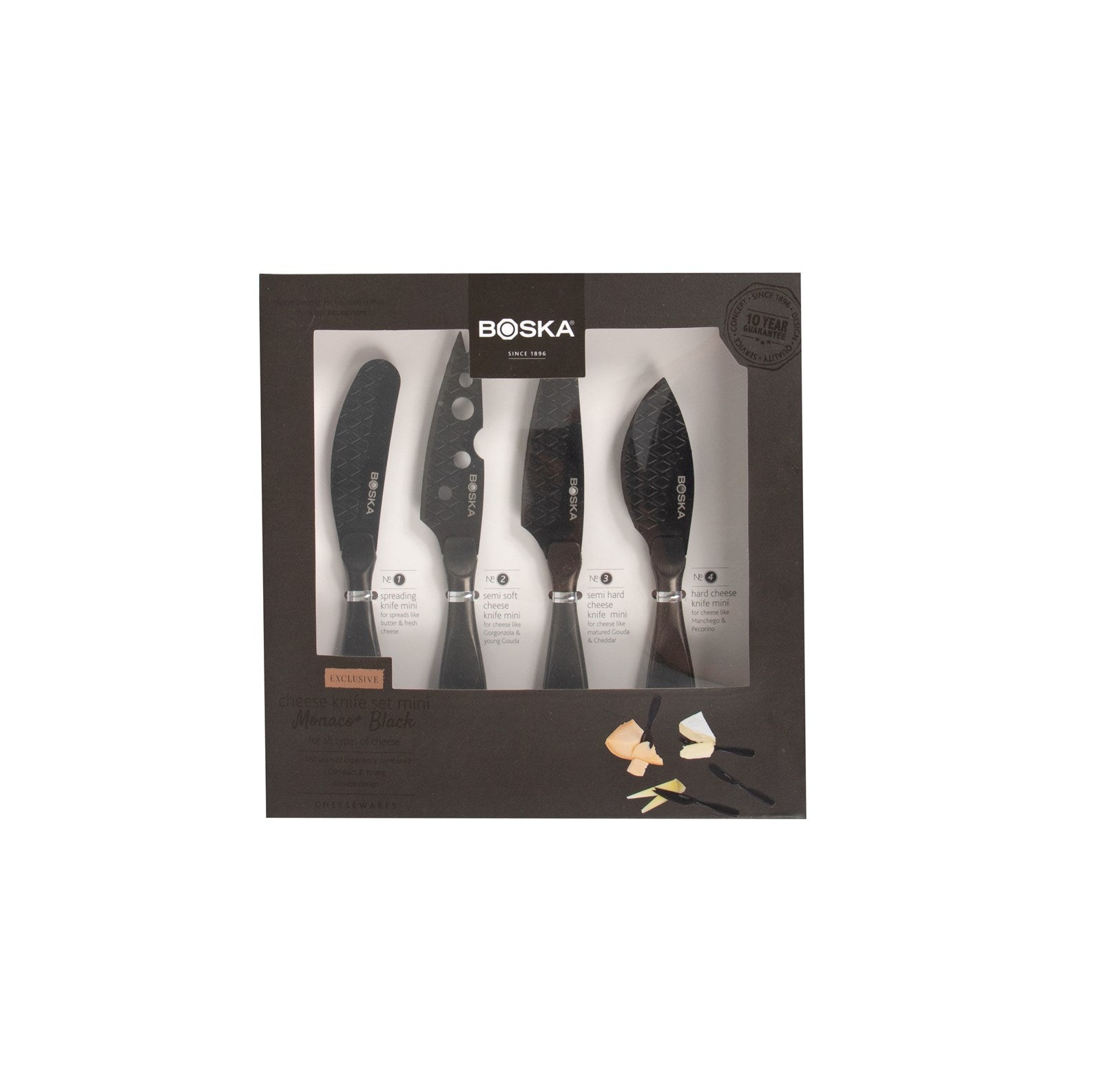 Hochwertiges Käsemesser-Set Mini Monaco+ von Boska in elegantem Schwarz. Ideal für Käseliebhaber, perfekt für jede Käseverkostung!