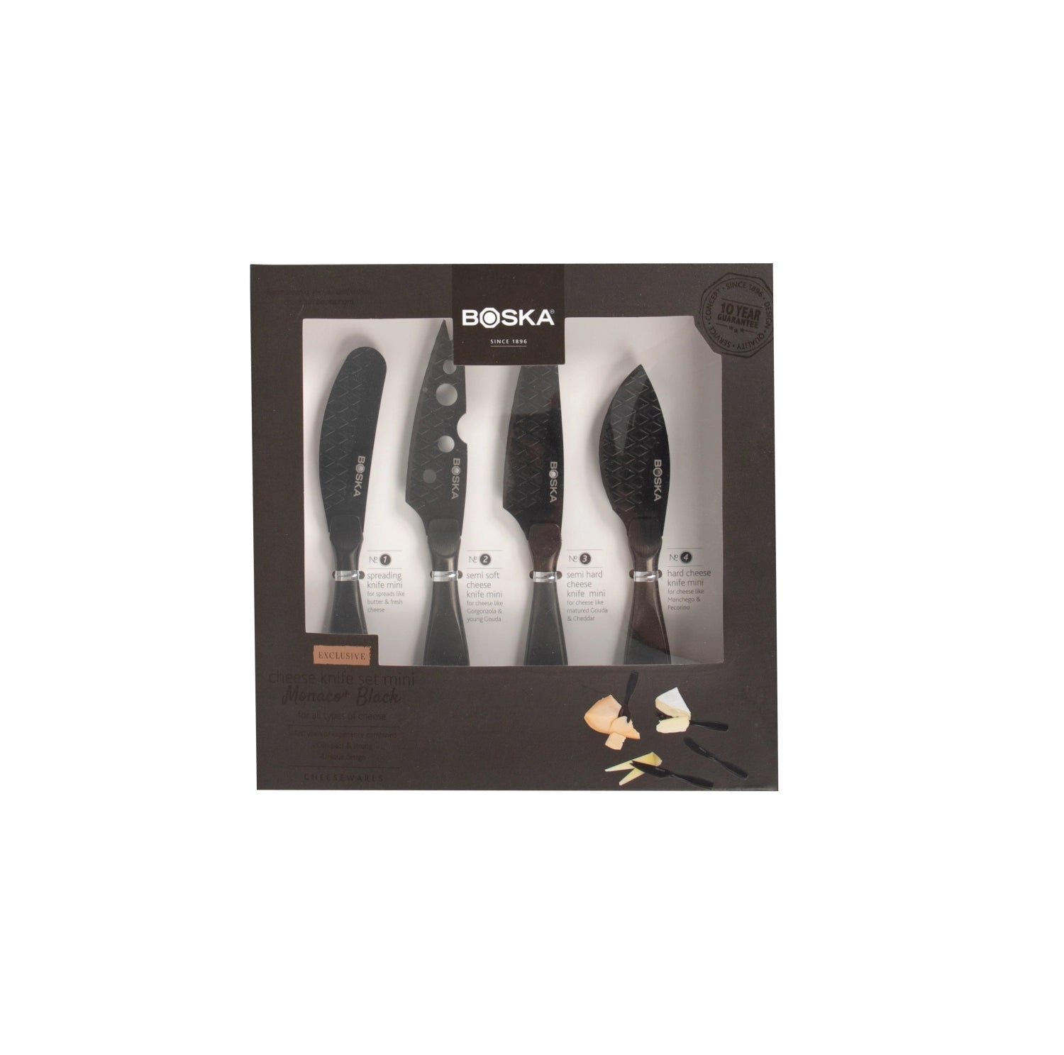 Elegantes Käse-Set Mini Monaco+ in Schwarz aus hochwertigem Edelstahl, perfekt für stilvolle Käsepräsentationen und Genussmomente.