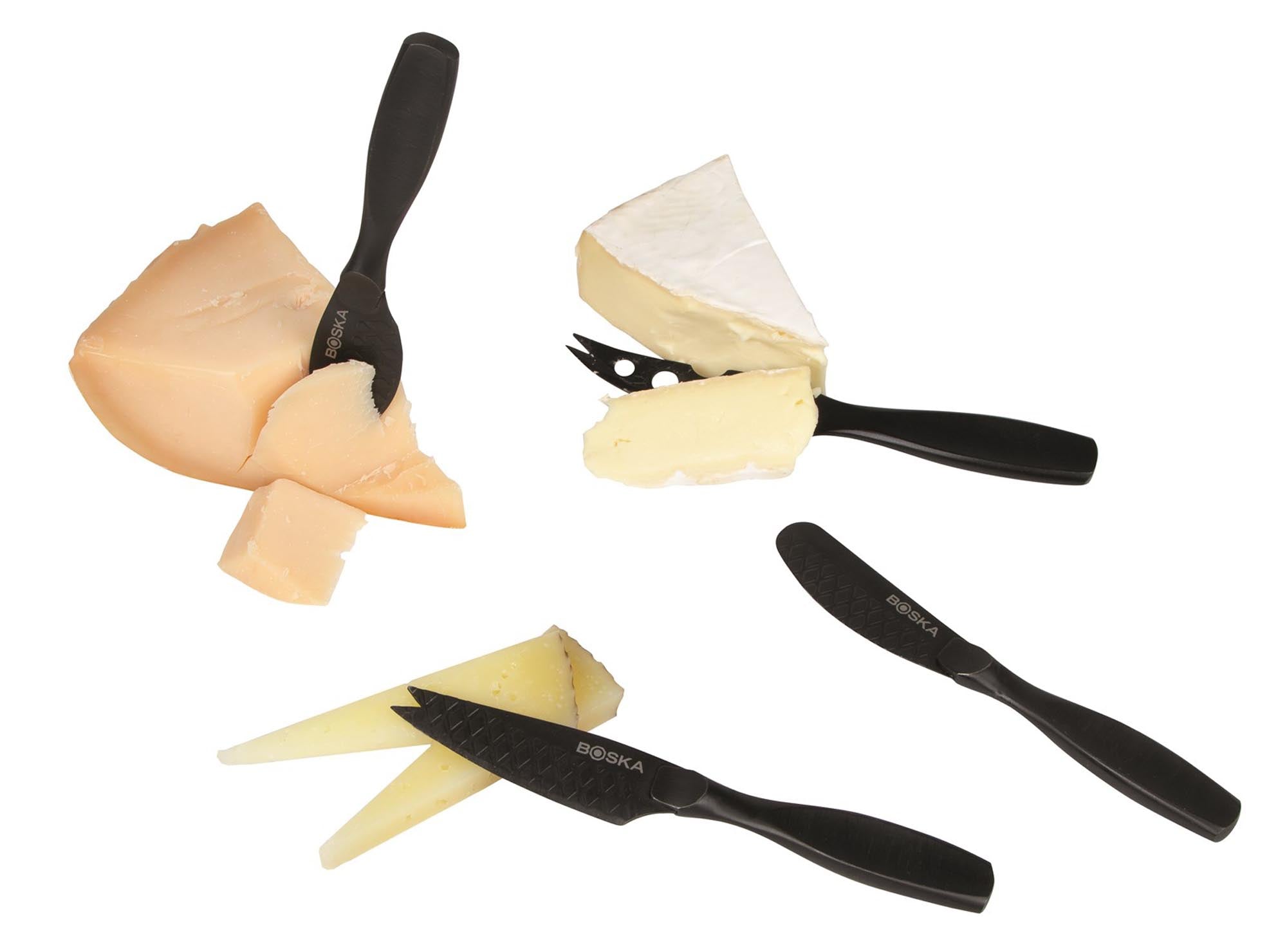 Hochwertiges Käsemesser-Set Mini Monaco+ in Schwarz von Boska. Perfekt für Käseliebhaber, stilvoll und funktional für jede Käseplatte.