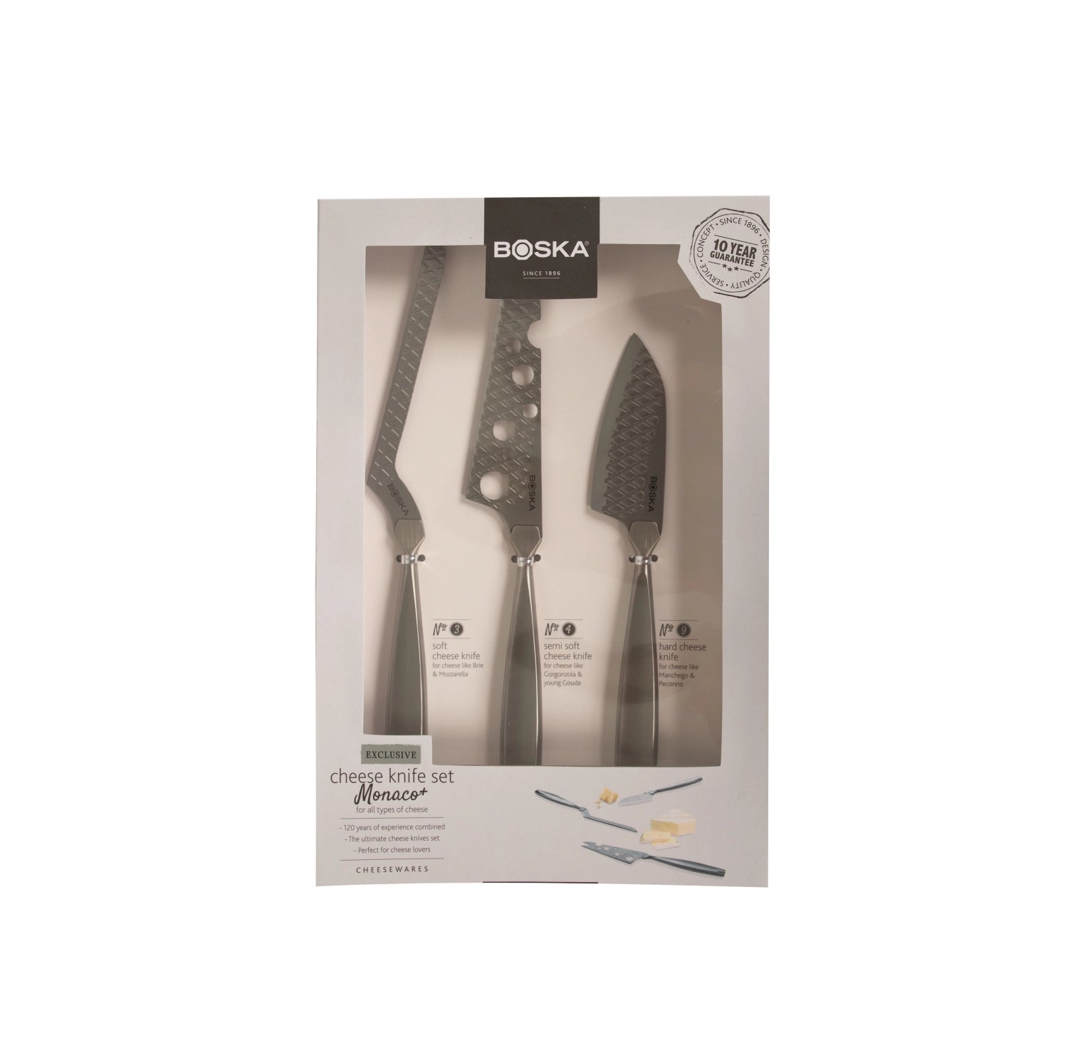 Elegantes Käsemesser-Set Monaco+ aus Edelstahl in Silber, ideal für Käseliebhaber und exquisite Käseverkostungen.