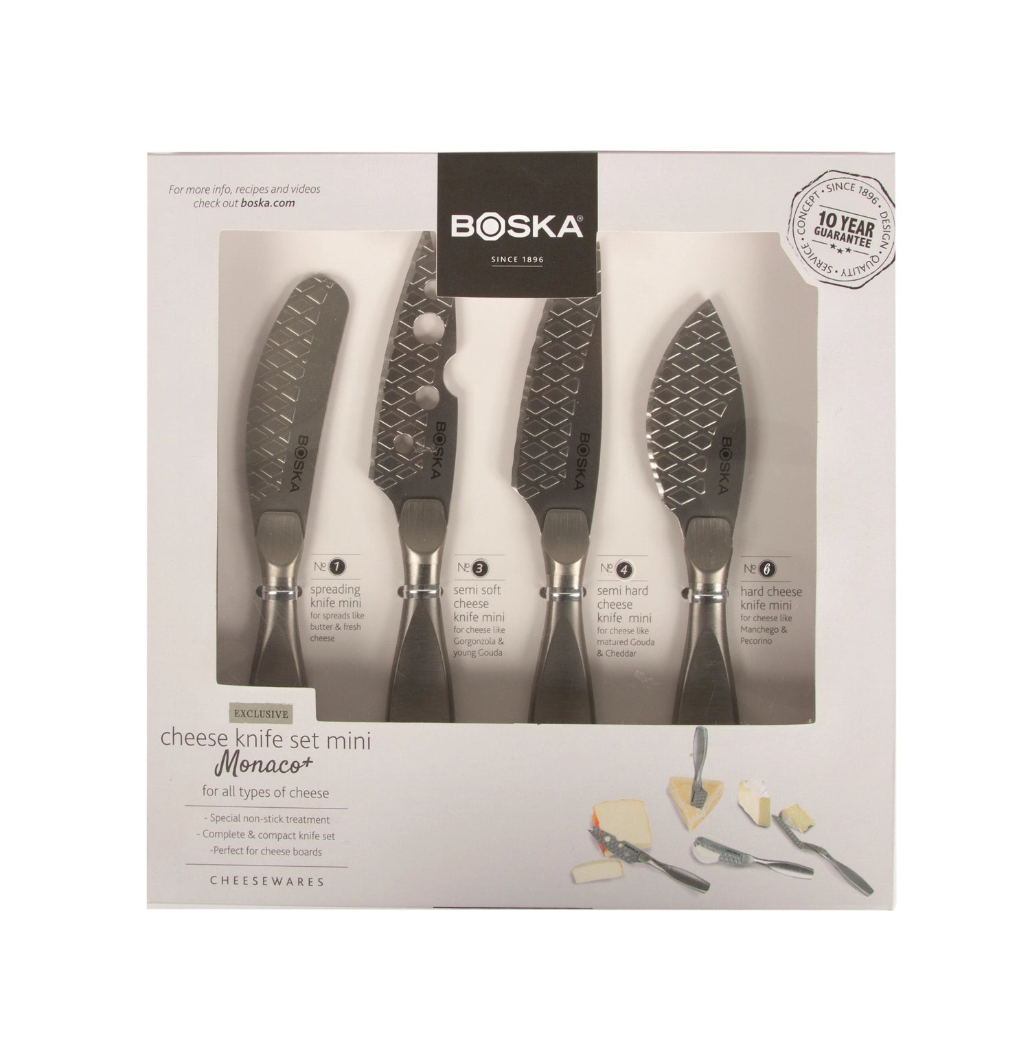 Hochwertiges Käsemesser-Set Mini Monaco+ aus silbernem Edelstahl von Boska, perfekt für feine Käseplatten und besondere Momente.