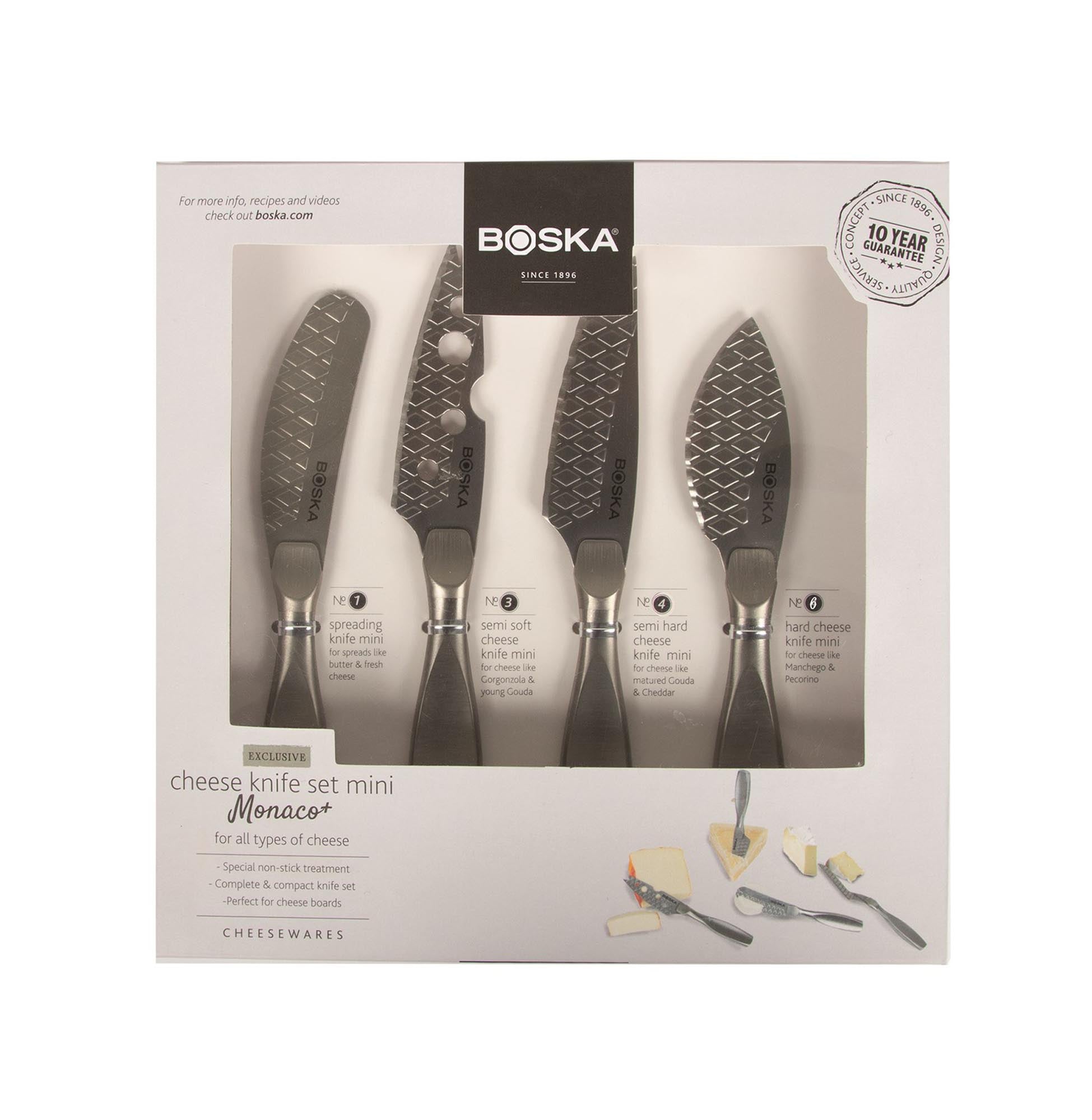Elegantes Käsemesser-Set Mini Monaco+ aus silbernem Edelstahl von Boska, ideal für Käseliebhaber und stilvolle Anlässe.
