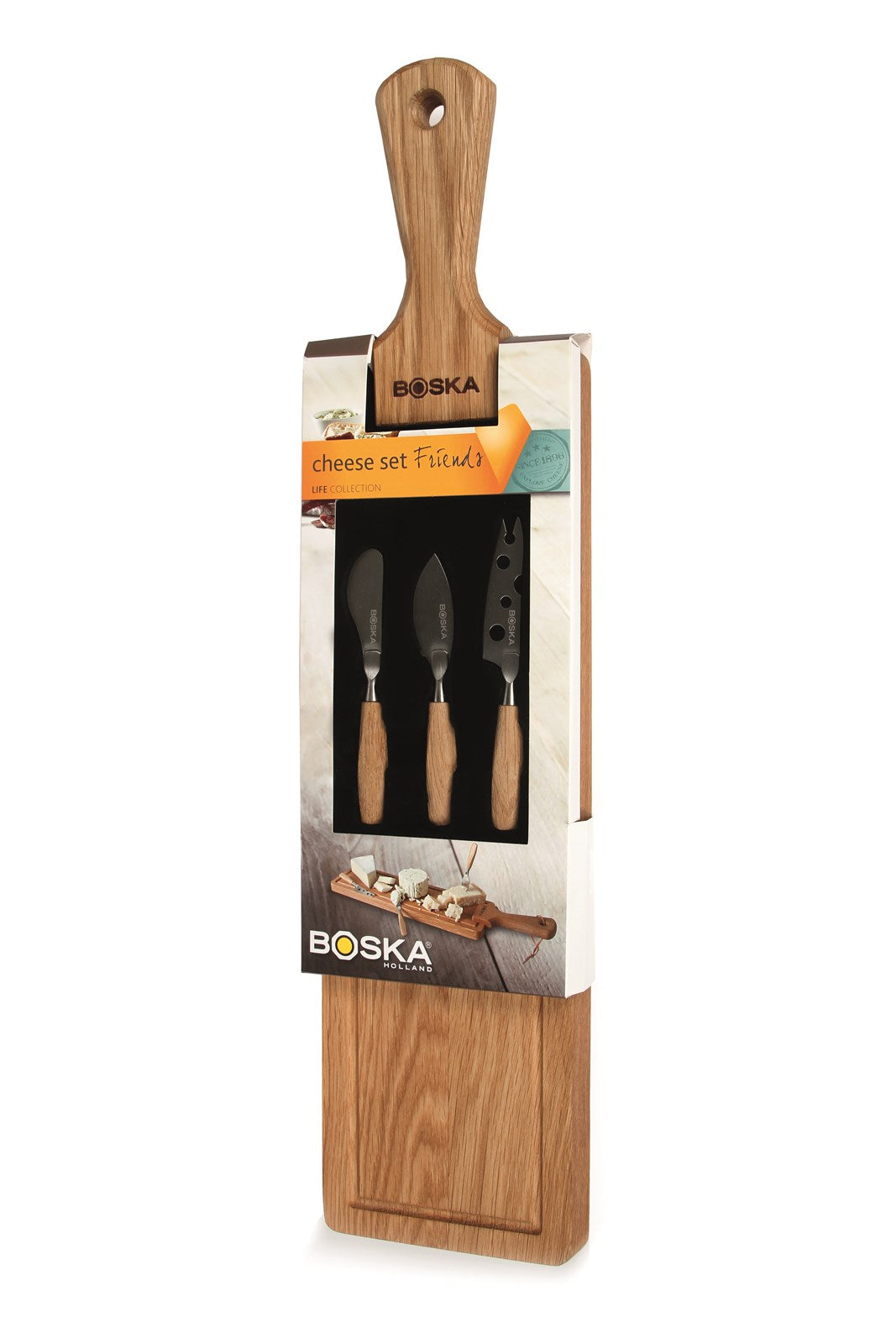 Elegantes Käseset aus hochwertiger europäischer Eiche und Edelstahl von Boska. Perfekt für Käseliebhaber und besondere Anlässe.
